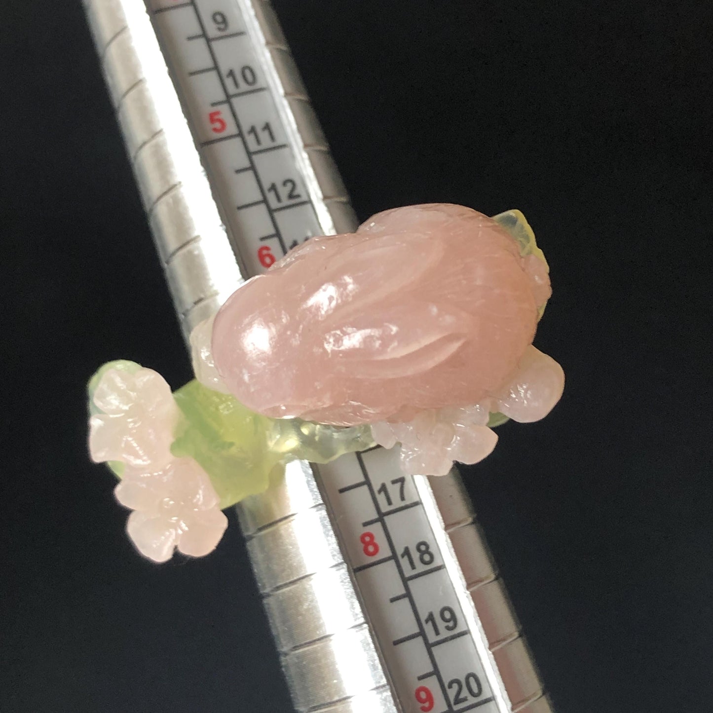 Custom Size! Xiu Jade Serpentine Hand Carved Pink Rabbit Bunny Flower Statement Ring: Green & Pink Jade Handcrafted 3D Stone Carving Ring Gift for her yellow jade green jade carving pink jade carbonate jade ring hand carved jade band ring bird carving flower carving natural jade band ring cocktail ring for women make to order ring big size ring small size ring personalized ring customised ring flower ring rabbit carving bunny ring rabbit lover gift 3D stone carving
