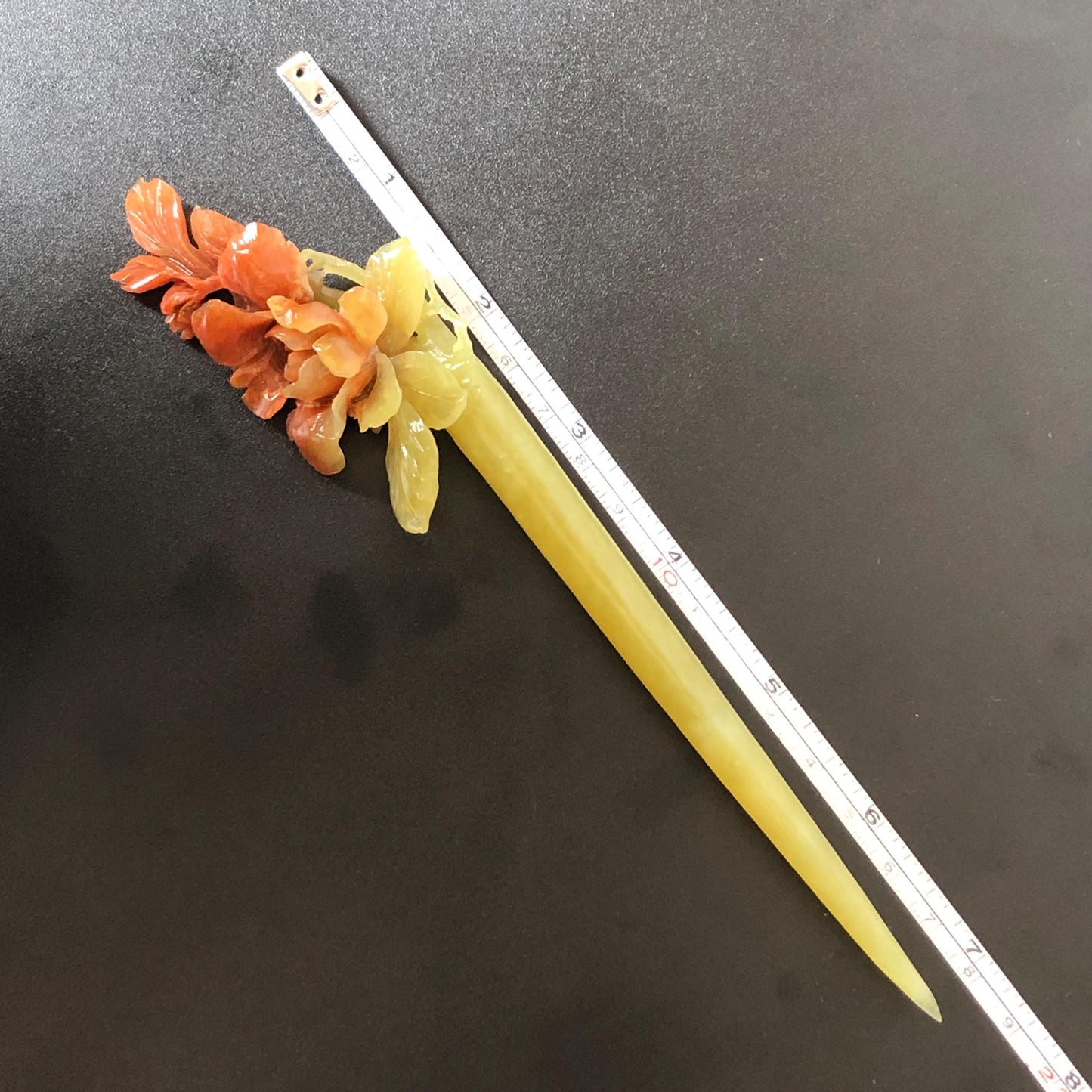 Xiu Jade Serpentine Hand Carved Camellia Flower Hair Stick: Certified Natural Red Jade Hairpin, Vintage Hanfu Hair Jewelry Gift for her Bridal Shower gift bridal hair clip wedding headpiece wedding hair jewelry bridal hair accessories red jade carving yellow jade hand engraved flower handcrafted hair stick japanese hairpins korean hair stick chinese hair comb vintage hair pins antique hair fork hanfu hair pins certified untreated jade multicolor jade bicolor jade flower carving Camellia carving