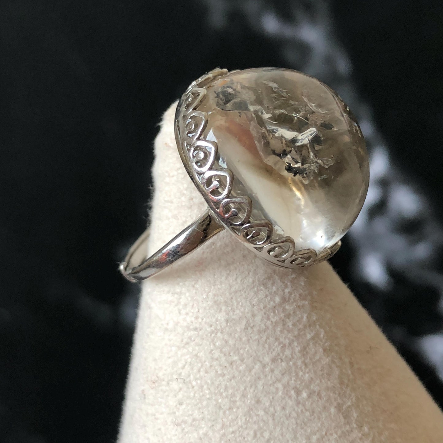 Polished Enhydro Quartz (Herkimer Diamond) S925 Silver Adjustable Ring: Moving Sand Waterfall and Shifting Bubble Inclusion Crystal Statement Ring for Women ring crystal band ring cocktail ring crystal stackable ring 7 chakra crystal ring meditation crystal healing stone birthstone silver ring ring for men rainbow quartz inclusion quartz inclusion crystal minerals specimen silver ring free size ring adjustable ring holder rain quartz enhydro crystal inclusion crystal inclusion quartz