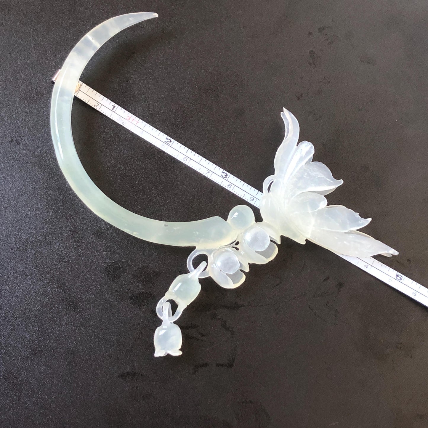 Xiu Jade Serpentine Crescent Moon Butterfly and Lily of Valley Flower Hair Stick with Dangle: Ice White Jade Hand Carved Half Moon Hair Pin, Vintage Chinese Hair Fork with Certificate Bridal Wedding Headpiece Gift for her japanese hairpin korean hair stick chinese hair comb asian hair fork moon hair stick hair pins with dangle ice white jade carving Peony carving flower carving natural untreated jade with certificate bridal shower gift wedding hair accessory hair jewelry butterfly carving