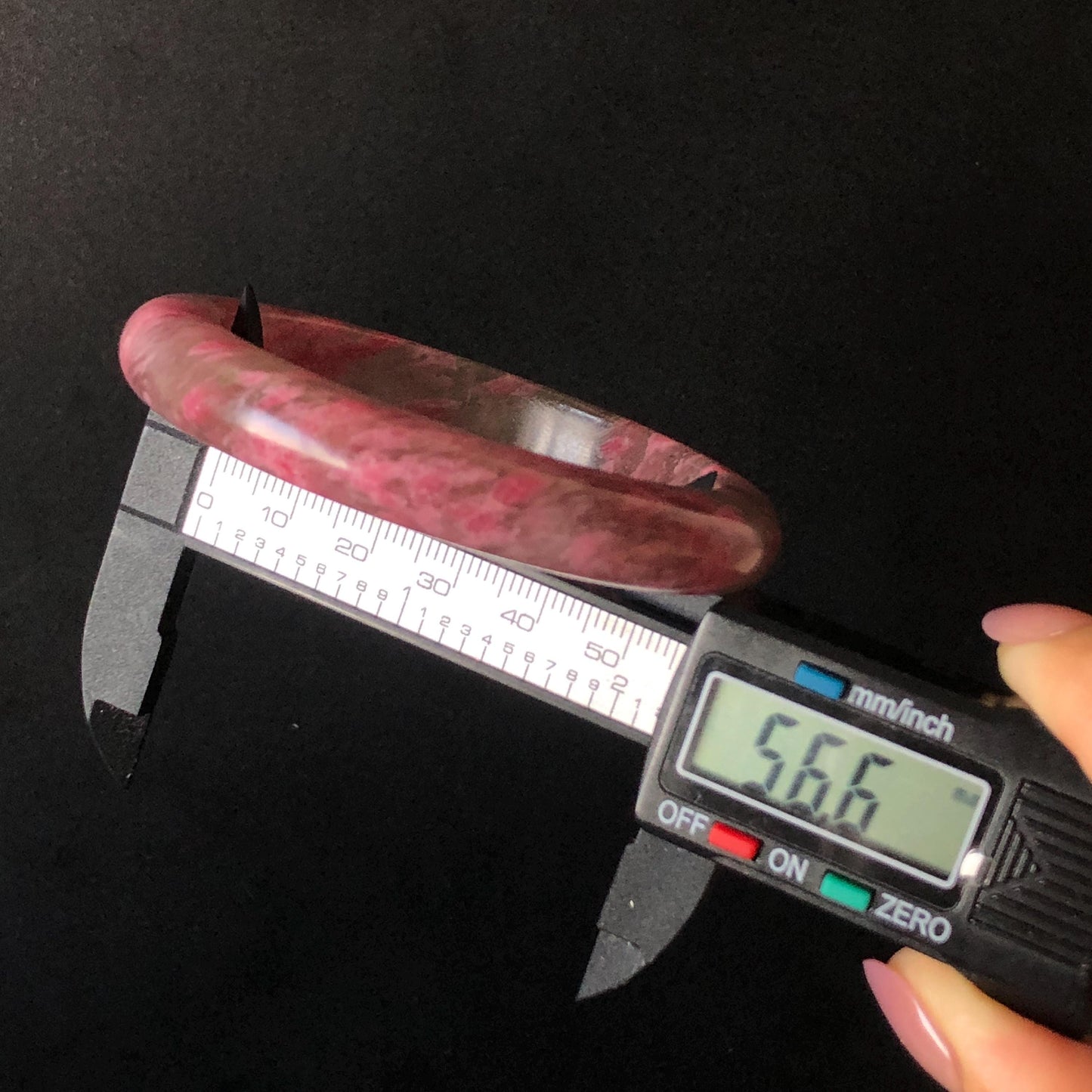 56.6mm Ultra-rare Natural Icy Rhodonite Stone Bangle: Night Sakura Rain, Cherry Plum Blossom Icy Grey Pink Crystal Bracelet, Pink Lances, Black Dark Gemstone bangle pink stone bangle love stone healing stone heart chakra healing crystal mediative stone pink gemstone gift for her mother day gift black crystal gray crystal black pink bracelet natural untreated crystal women bracelet