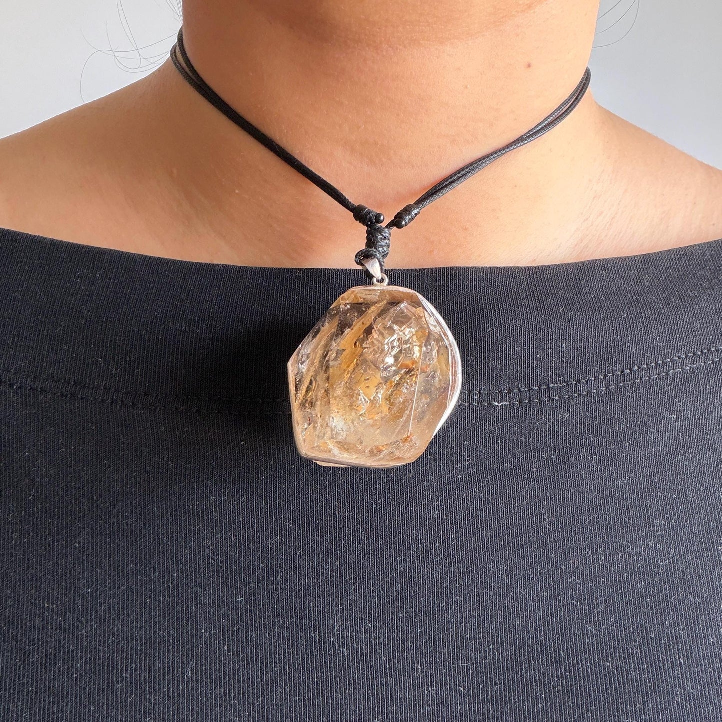 Ultra Rare! Polished Enhydro Skeleton Quartz Silver Pendant Necklace: Moving Golden Yellow & Black Sand with Big Bubble Inclusion Crystal