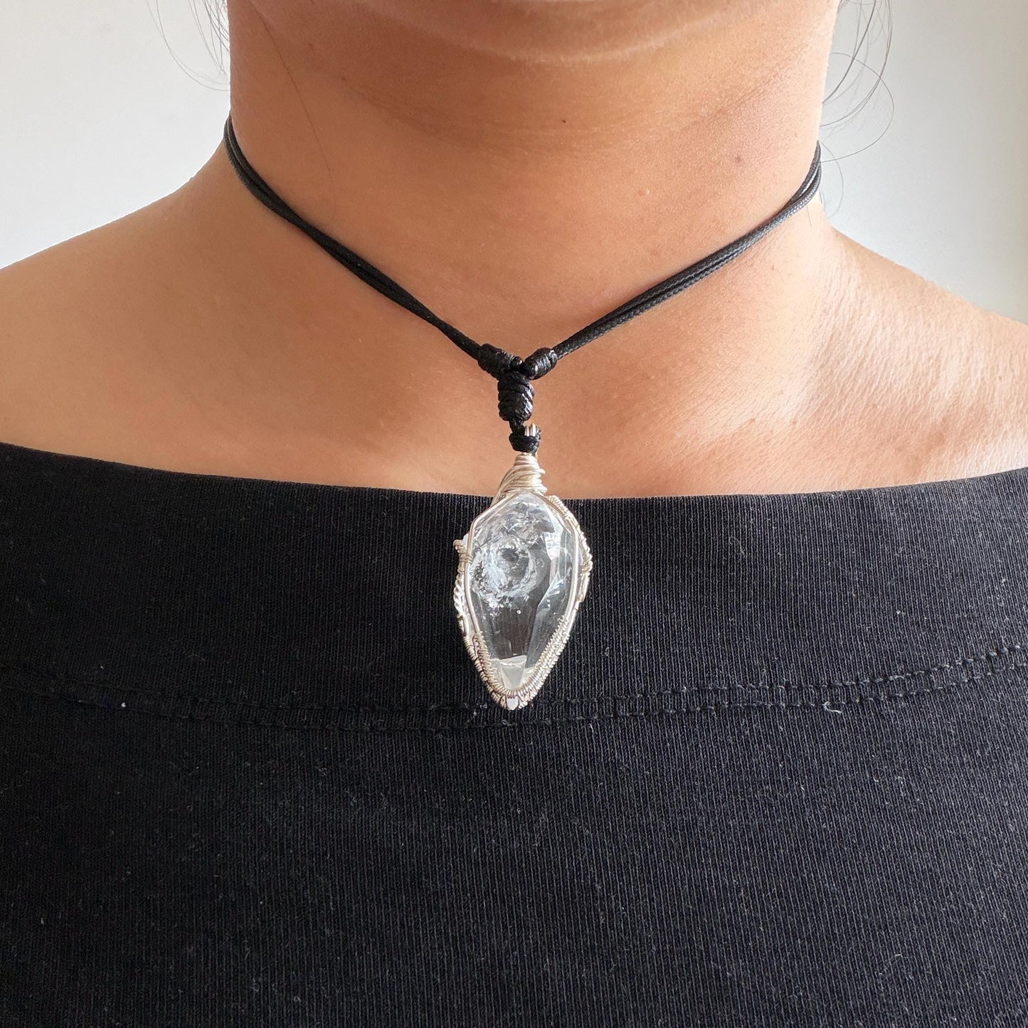 Rare Polished Enhydro Quartz (Herkimer Diamond) Wire Wrapped Pendant Adjustable Choker Necklace: Multiple Moving Sand & Bubble with Black Tourmaline Inclusion Crystal | Natural Gemstone Birthstone Gift for her enhydro quartz sand water-fall gemstone charm stone pendant choker polished stone pendant crystal charm birthstone gift for her men necklace chakra crystal purify stone minerals specimen adjustable choker silver wire wrapped pendant inclusion crystal meditation stone