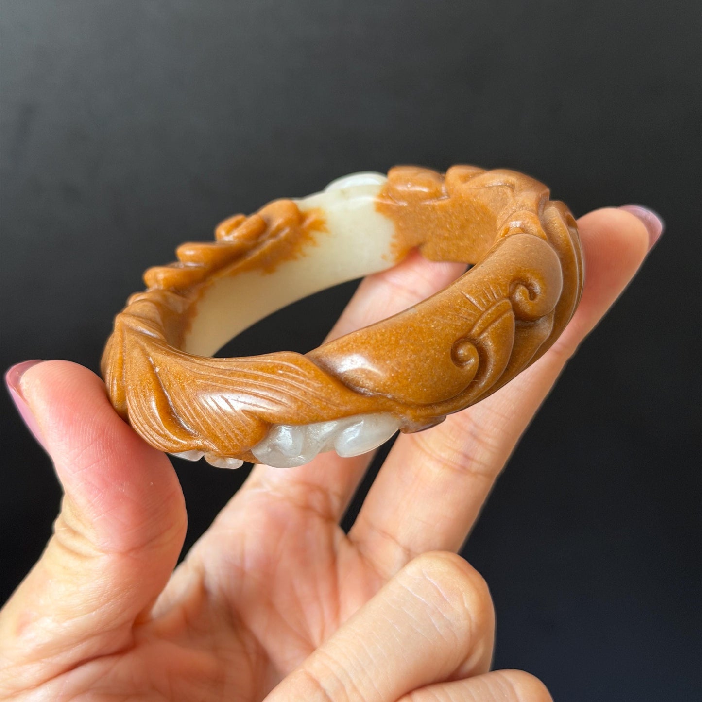 54.3mm SheTaiCui Jade (Quartzite) Hand Carved Goldfish with Coins & Ruyi Bangle: Natural Bi-color Brown and White Stone Good Luck Bracelet