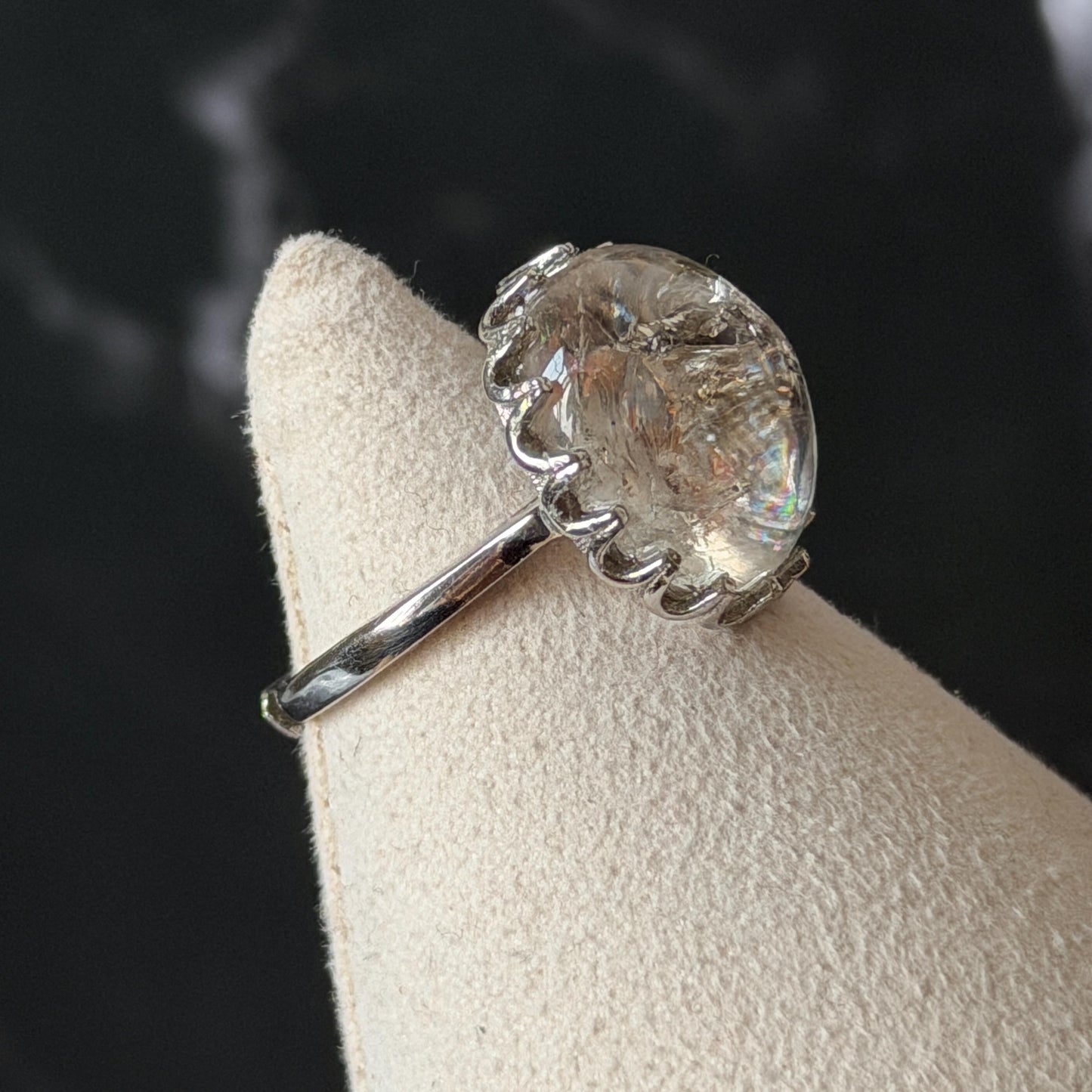 Rare Polished Enhydro Quartz (Herkimer Diamond) s925 Silver Adjustable Ring: Big Rainbow! Flowing Black Sand Inclusion Crystal Statement Ring for Women ring crystal band ring cocktail ring crystal stackable ring 7 chakra crystal ring meditation crystal healing stone birthstone silver ring ring for men rainbow quartz inclusion quartz inclusion crystal minerals specimen silver ring free size ring adjustable ring holder rain quartz enhydro crystal inclusion crystal inclusion quartz sand inclusion