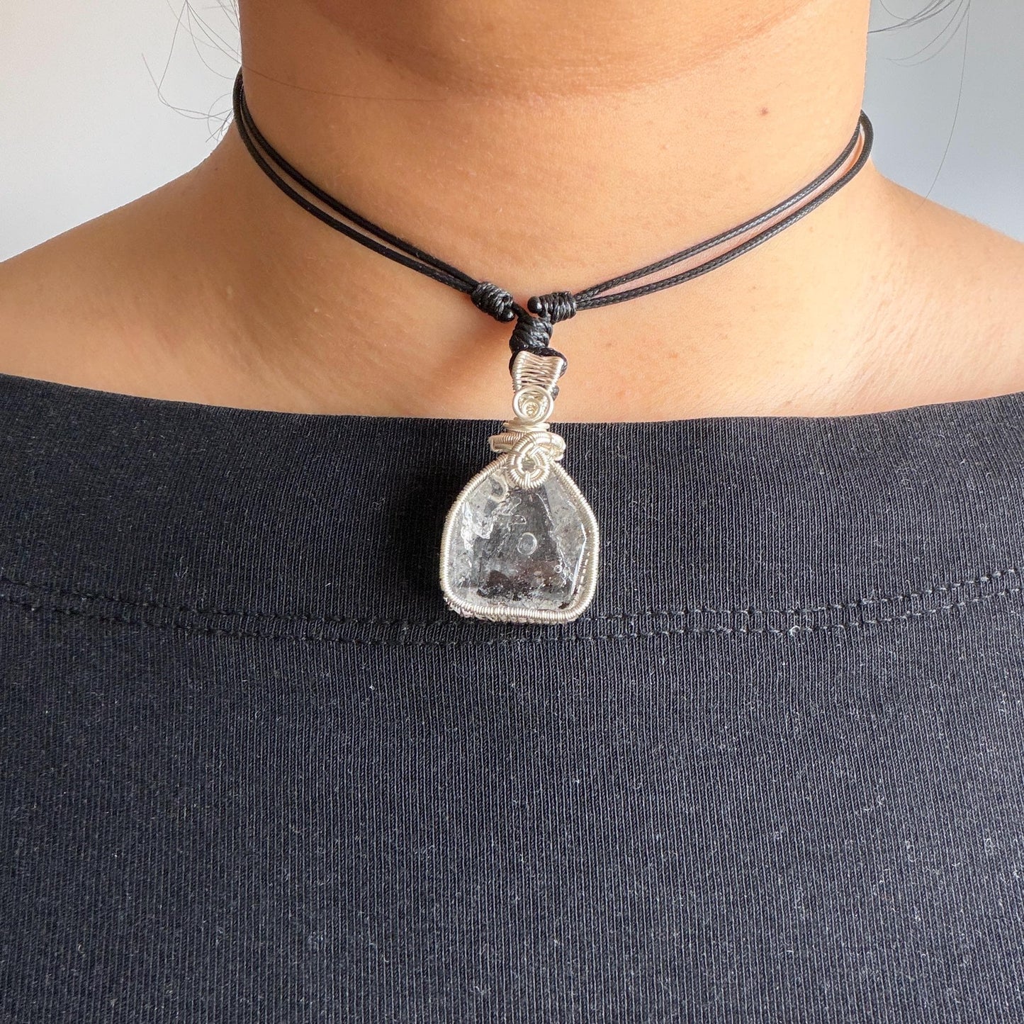 Rare Polished Enhydro Quartz (Herkimer Diamond) Wire Wrapped Small Pendant Adjustable Choker Necklace: Flowing Ink-like Black Sand Waterfall & Clear Bubbles Inclusion Crystal | Natural Gemstone Birthstone Gift for her enhydro quartz sand water-fall pendant necklace choker gemstone charm stone pendant choker polished stone pendant crystal charm birthstone men necklace chakra crystal purify stone minerals specimen adjustable choker wire wrapped pendant sand inclusion crystal charm quick sand