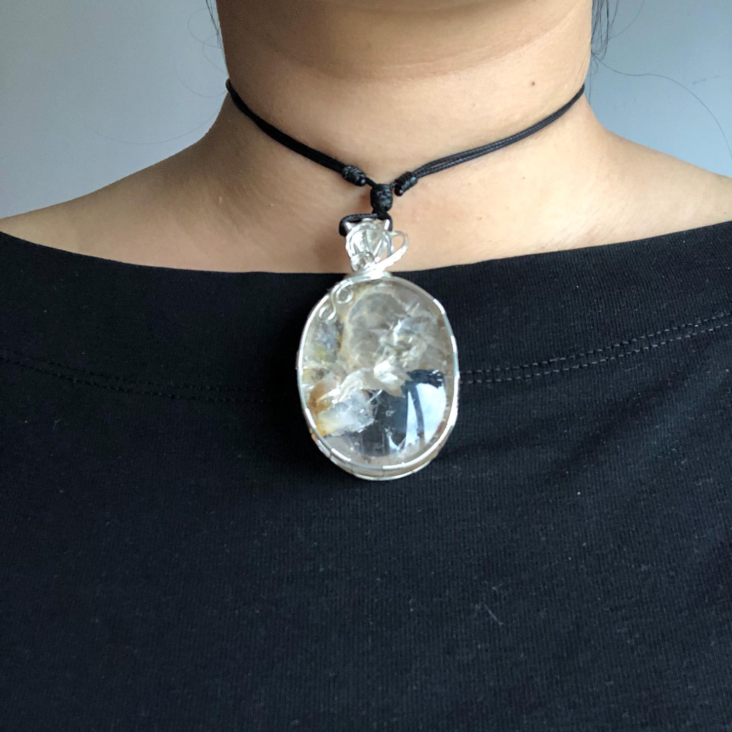 Rare Found! Polished Enhydro Quartz Golden Healer Wrapped Wire Pendant Adjustable Necklace: Moving Dried White Sand & Yellow Hematoid Inclusion Crystal Palm Stone| Natural Gemstone Birthstone Gift for her enhydro quartz sand water-fall pendant necklace choker gemstone charm stone pendant choker polished stone pendant crystal charm birthstone men necklace chakra crystal minerals specimen silver pendant inclusion crystal inclusion crystal sediment stone dirt inclusion healing meditative stone