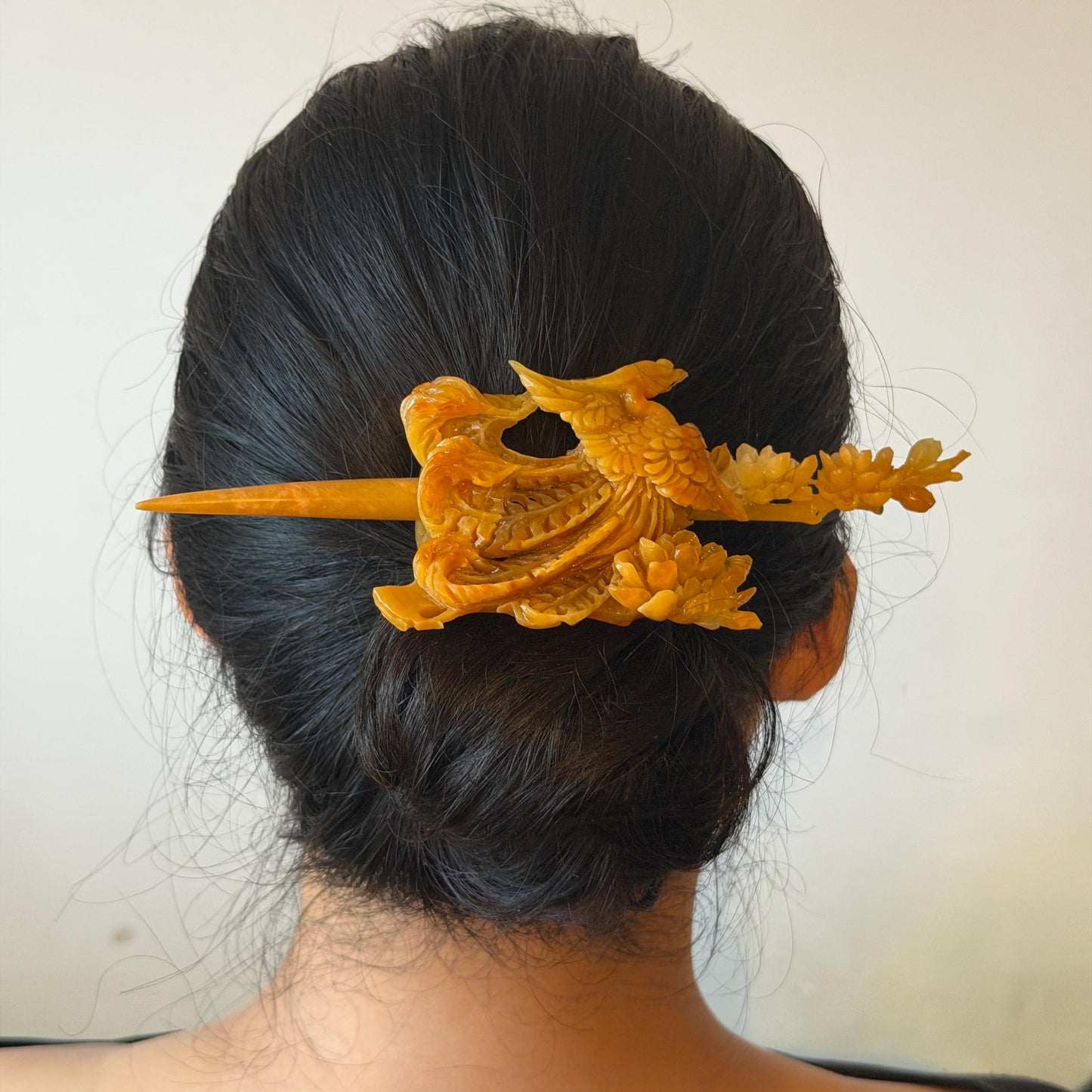 Xiu Jade (Serpentine) Hand Carved Fire Phoenix & Peony Hair Pin: Natural Certified Red Jade Hair Stick | Asian Chinese Vintage Style gift for her hand carved phoenix carving hand engraved phoenix hair stick phoenix carving red phoenix fire phoenix hair fork red jade yellow jade chinese jade with certificate rebirth transformation gift korean hair pin japanese hair stick hair fork hair comb hanfu hair stick peony carving with certificate handcrafted jade phoenix lover gift 3D stone carving