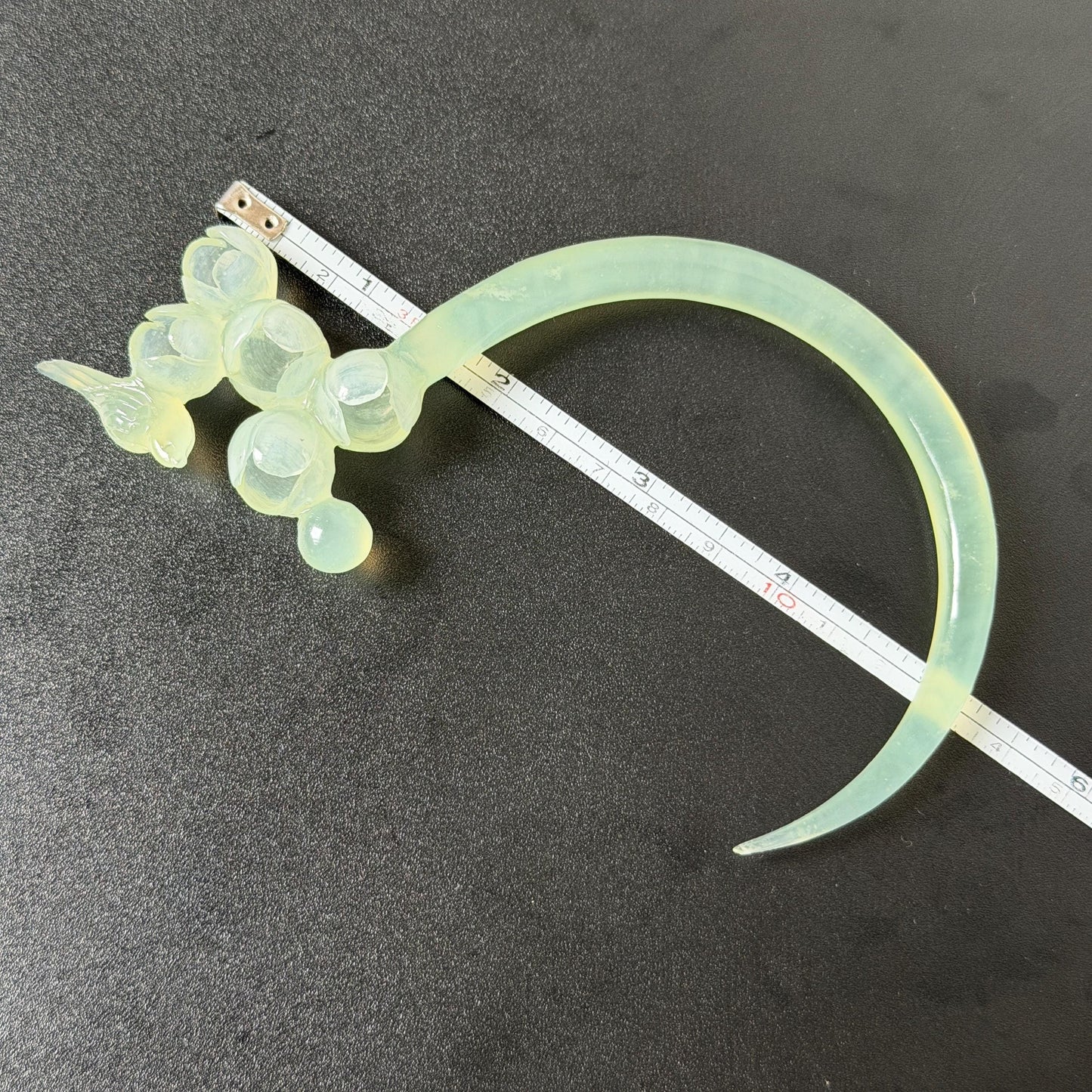 Xiu Jade Serpentine Crescent Moon Bird and Lily of Valley Flower Hair Stick: Certified Green Jade Hand Carved Half Moon Hanfu Hair Pin