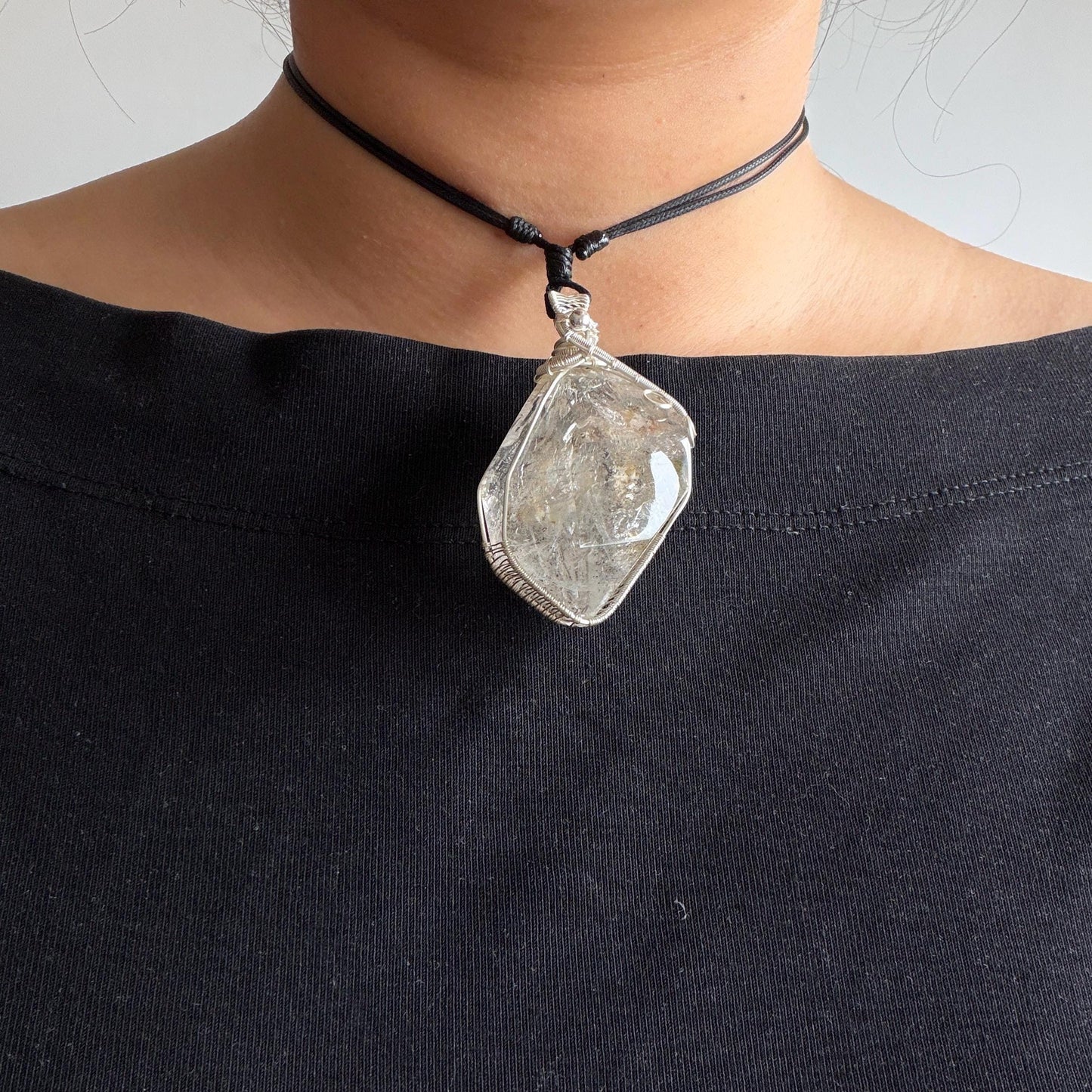 Rare Found! Polished Enhydro Golden Healer Quartz Large Pendant Adjustable Necklace: Moving White Granule & Big Shifting Bubble Inclusion Crystal | Natural Gemstone Birthstone Gift for her men chakra crystal purify stone minerals specimen yellow hematoid pendant inclusion crystal inclusion quartz jewelry rainbow quartz choker adjustable necklace enhydro crystal wire wrapped pendant quick sand inclusion bubble inclusion water inclusion quartz rainbow quartz palm stone quick sand