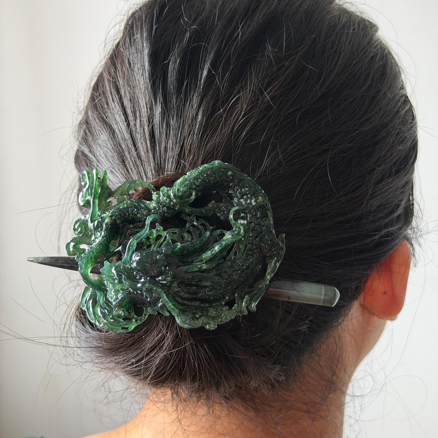 Xiu Jade Dragon Hand Carved Hair Crown: Natural Serpentine Ice Deep Green Jade Handcrafted Hair Stick Hollow Out Carving | Asian Vintage Hair Fork gift for her dragon carving hand engraved dragon hair stick green jade carving dragon hair fork chinese jade with certificate dragon lover gift korean hair pin japanese hair stick hair fork hair comb hanfu hair stick with certificate handcrafted jade 3D stone carving bridal headpiece wedding hair jewelry untreated jade bridal shower gift