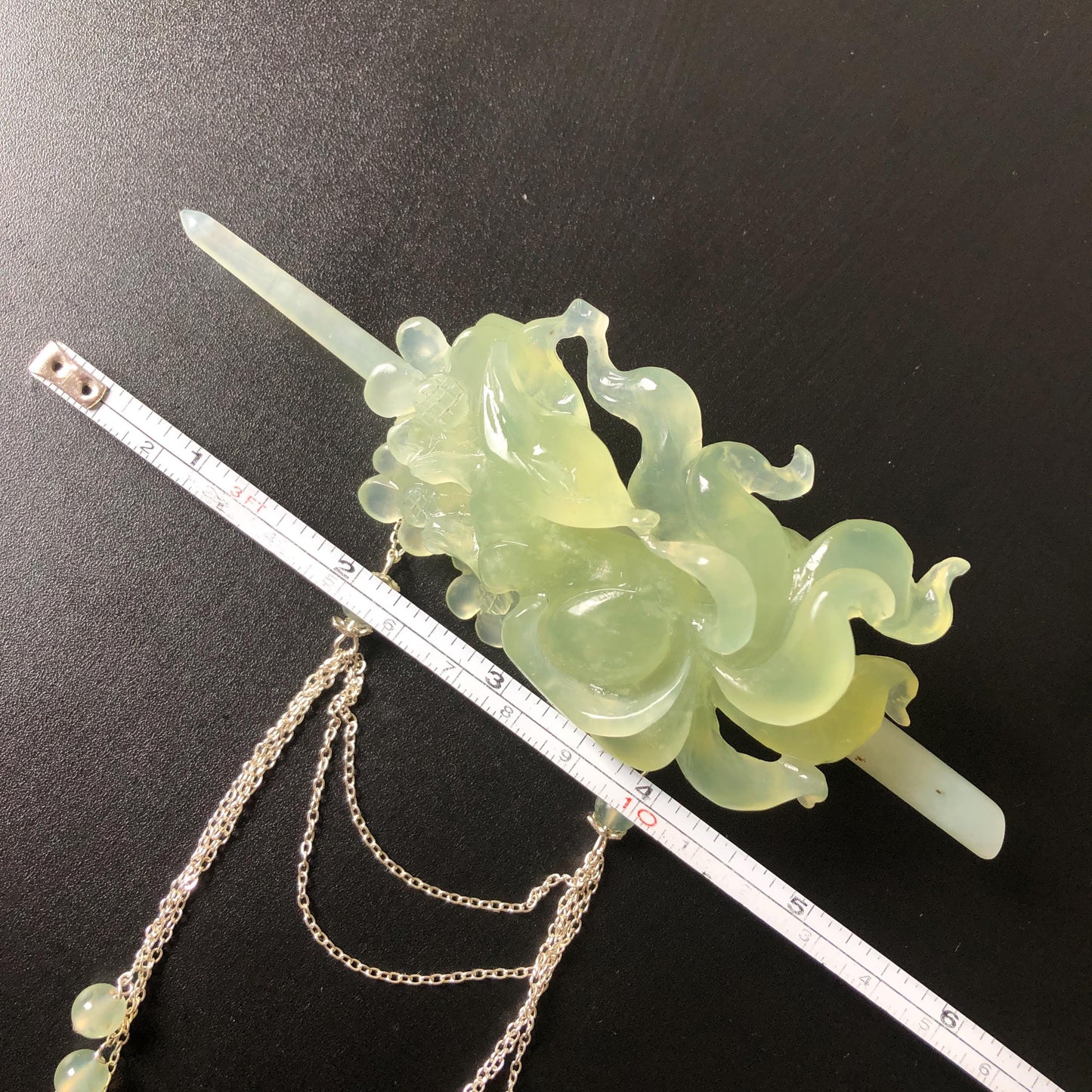 Xiu Jade Nine-tailed Fox Hand Carved Hair Crown: Natural Serpentine Ice Green Jade Hanfu Hair Stick 3D stone carving Asian Chinese Vintage Style Gift for her, hairpin, green jade hair stick, hair fork, chinese hairpin, korean hair stick, japanese hair pin, vinatge hair comb, bridal hair clip, fox lover gift, hand carved fox, hand engraved animals carving, fox carving, real jade untreated jade bridal headpiece wedding hair jewelry hollow out carving gift for her flower carving dangle hair pin