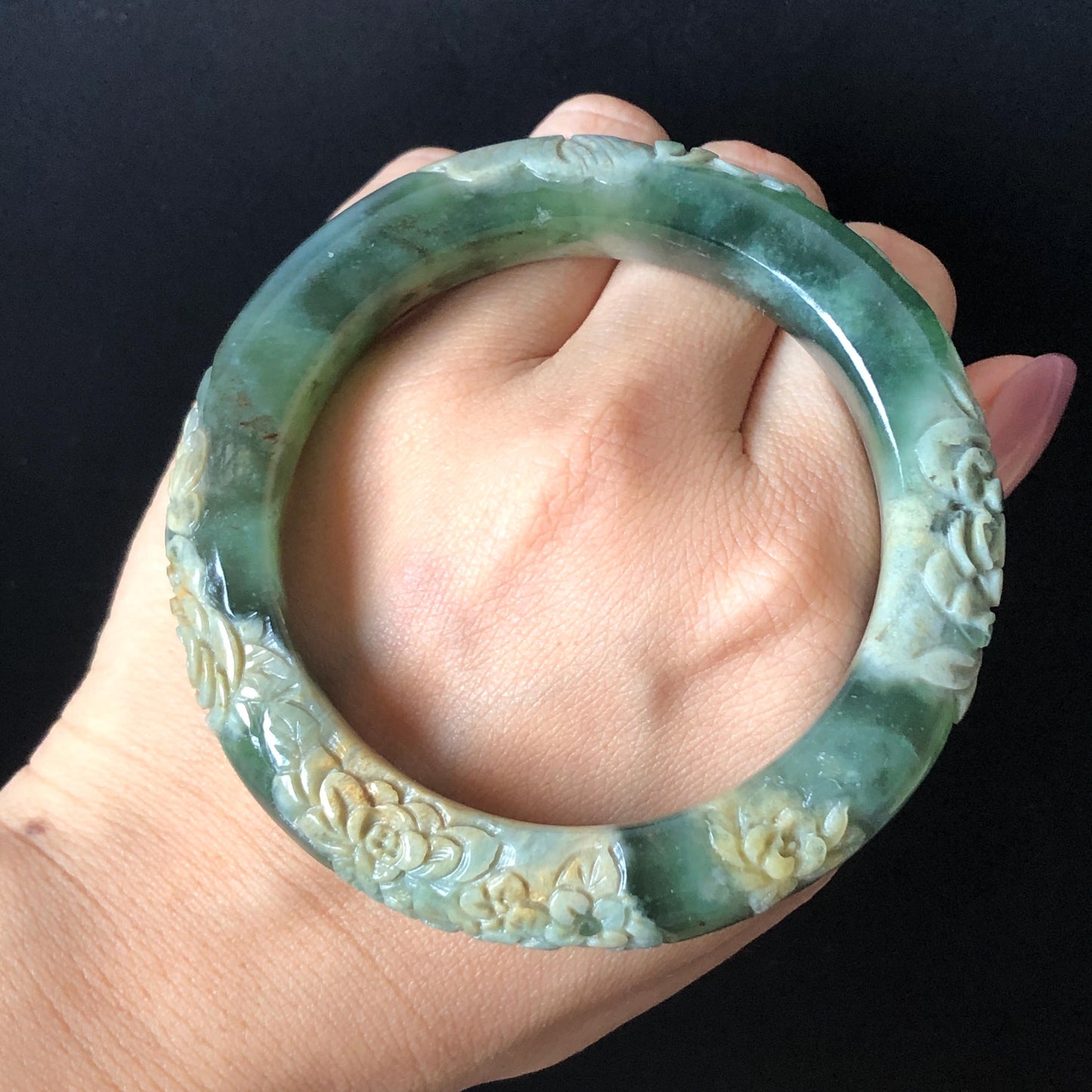 57.9mm Xiu Jade Serpentine Hand Carved Peony Flowers Bangle: Natural Brown Yellow Green Jade Handcrafted Bracelet, Stone Carving Gemstone Jewelry Gift for her wide jade bangle jade carving hand engraved stone carving natural untreated jade bracelet green jade white jade handcraft jade peony carving flower carving chinese jade vintage bangle antique bracelet lotus bracelet relief carving birthday gift for her