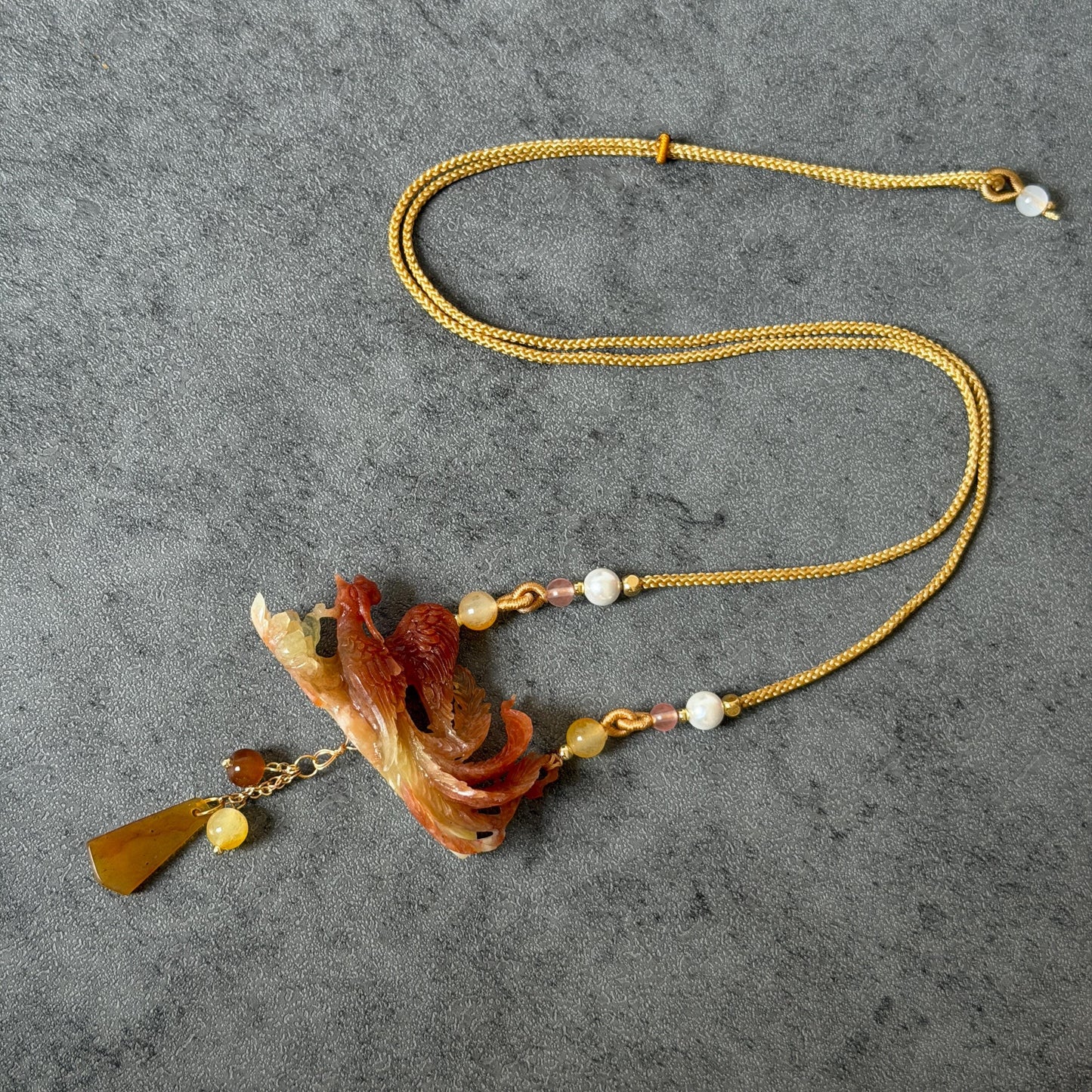 Xiu Jade Fire Phoenix Hand Carved Pendant Adjustable Necklace Dangle Choker: Natural Serpentine Untreated Yellow Red Jade Carving Charm | Asian Vintage Style Chinese Pendant Necklace Antique Pendant multicolour jade orange jade red jade white jade asian vintage necklace braided necklace red phoenix carving peony charm phoenix lover gift flower carving hand engraved jewelry hand carved jade handcrafted necklace dangle good luck charm animals carving flower pendant adjustable necklace choker