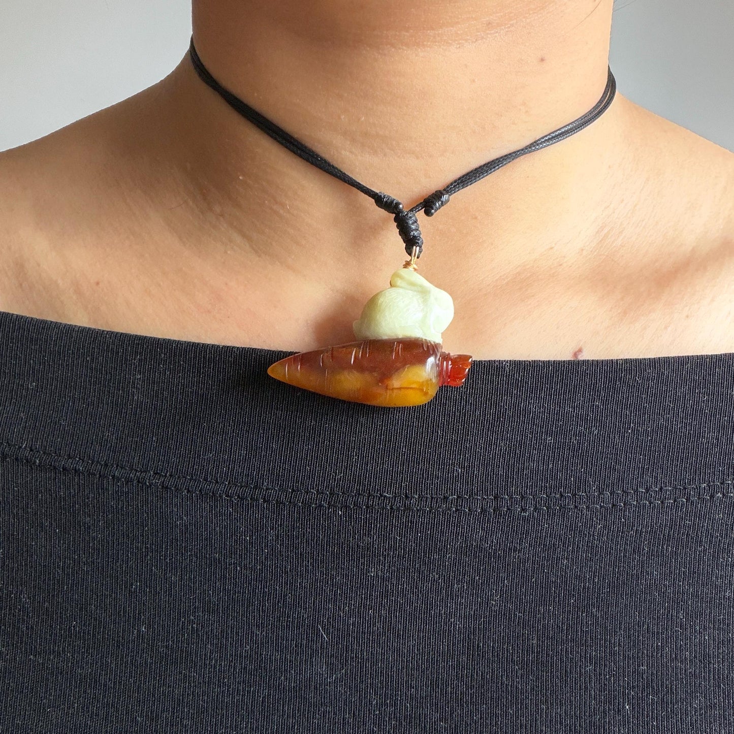 Xiu Jade Rabbit & Carrot Hand Carved Pendant Adjustable Necklace: Certified Natural Serpentine Red Brown White Jade Handcrafted Charm 3D Stone Carving white jade carving brown jade red jade 3D carving rabbit carving bunny carving rabbit pendant bunny charm carrot pendant raddish pendant adjustable necklace choker jade with certificate untreated jade lucky charm rabbit lover gift bunny lover gift handcrafted jade