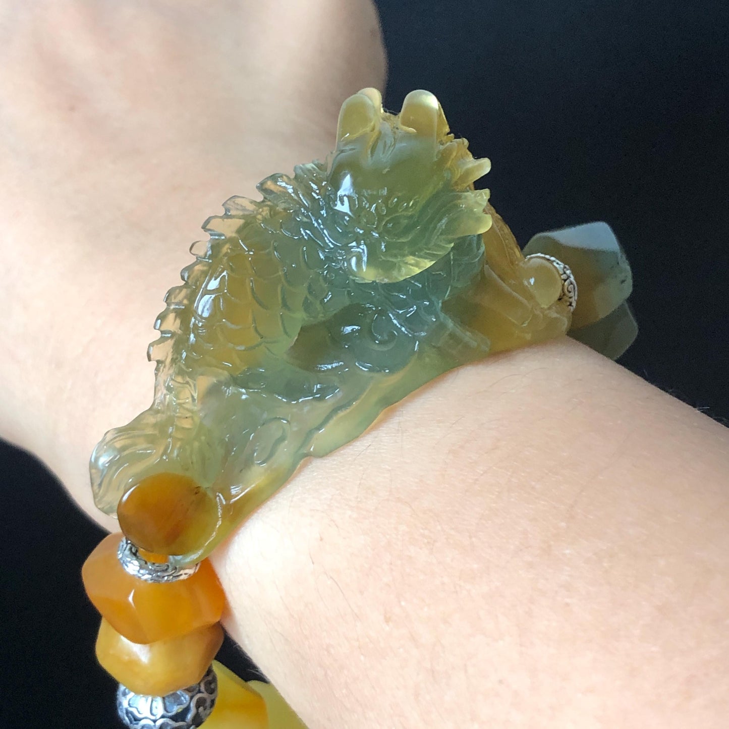 Xiu Jade Qilin Kirin Hand Carved Charm with Irregular Bead Bracelet: Natural Serpentine Multicolor Green Yellow Red Stone Bracelet with Vintage Tibetan SilverAccessory | Crystal Stone Gemstone Personalized Gift for her Multi-coloured Jade customised bracelet hand engraved jade bracelet carved charm carved pendant Kirin carving Qilin bracelet yellow jade red jade green jade bracelet tailor made bracelet personalised diy bracelet untreated jade elastic stretch bracelet Kirin lover gift