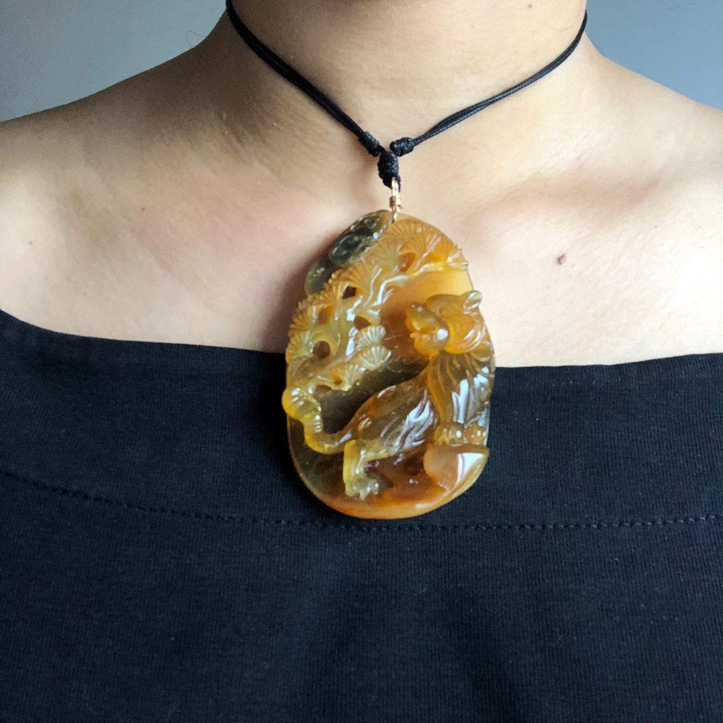 Xiu Jade Tiger in the wood Pine Tree Hand Carved Pendant Adjustable Necklace: Certified Natural Serpentine Bi-color Ice Yellow Green Jade Handcrafted Charm 3D Stone Carving yellow jade carving green jade 3D carving tiger carving pine tree carving tiger pendant animals carving charm adjustable necklace for men choker jade with certificate untreated jade lucky charm tiger lover gift handcrafted jade relief carving birthday gift big pendant huge charm
