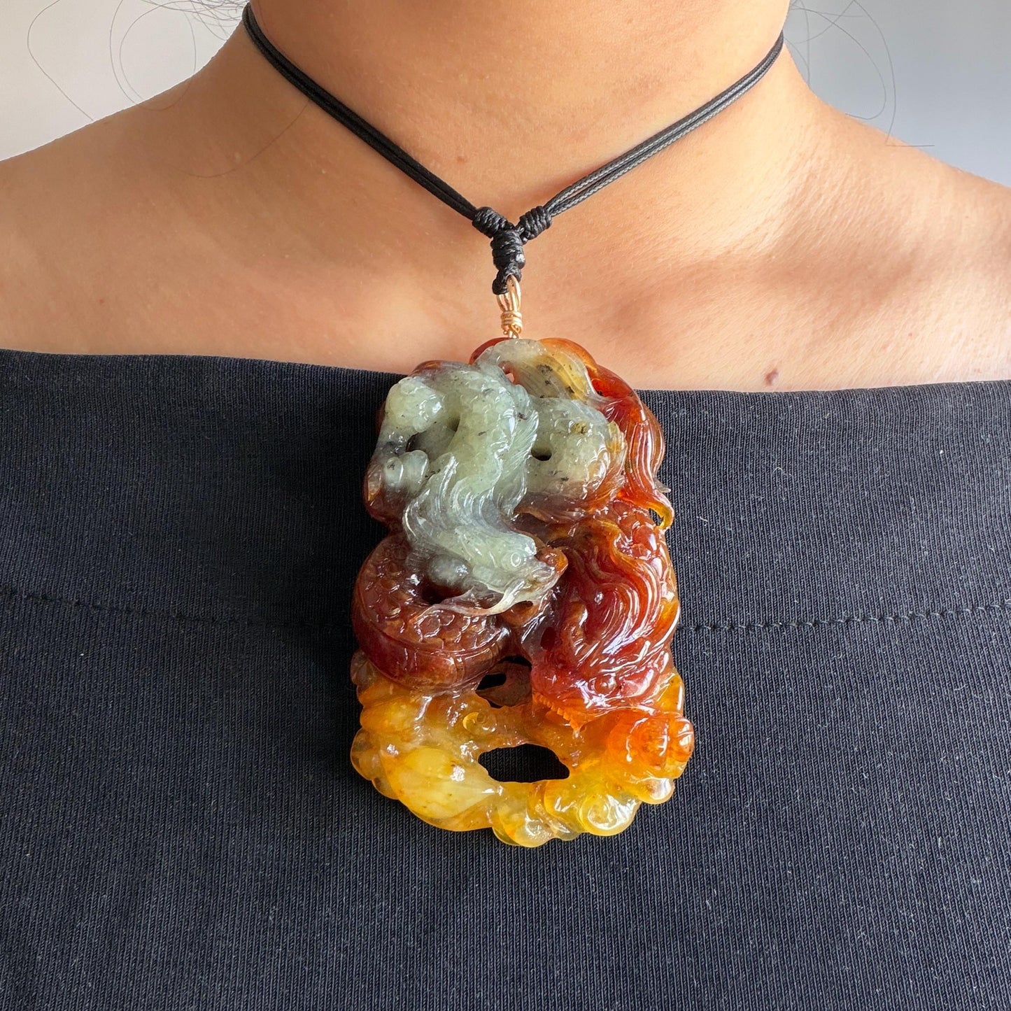 Xiu Jade Double Dragons Hand Carved Pendant Adjustable Necklace: Natural Serpentine Multicolour White, Yellow & Reddish Brown Jade Hand Engraved Charm | Power & Protection | Stone Crystal Gemstone Jewellery gift for her gift for him hand engraved jade handcrafted jade charm white jade brown jade yellow jade red jade multicolor jade relief carving 3D stone carving dragon carving antique pendant asian vintage charm lucky charm big pendant certificate jade untreat real jade dragon lover gift