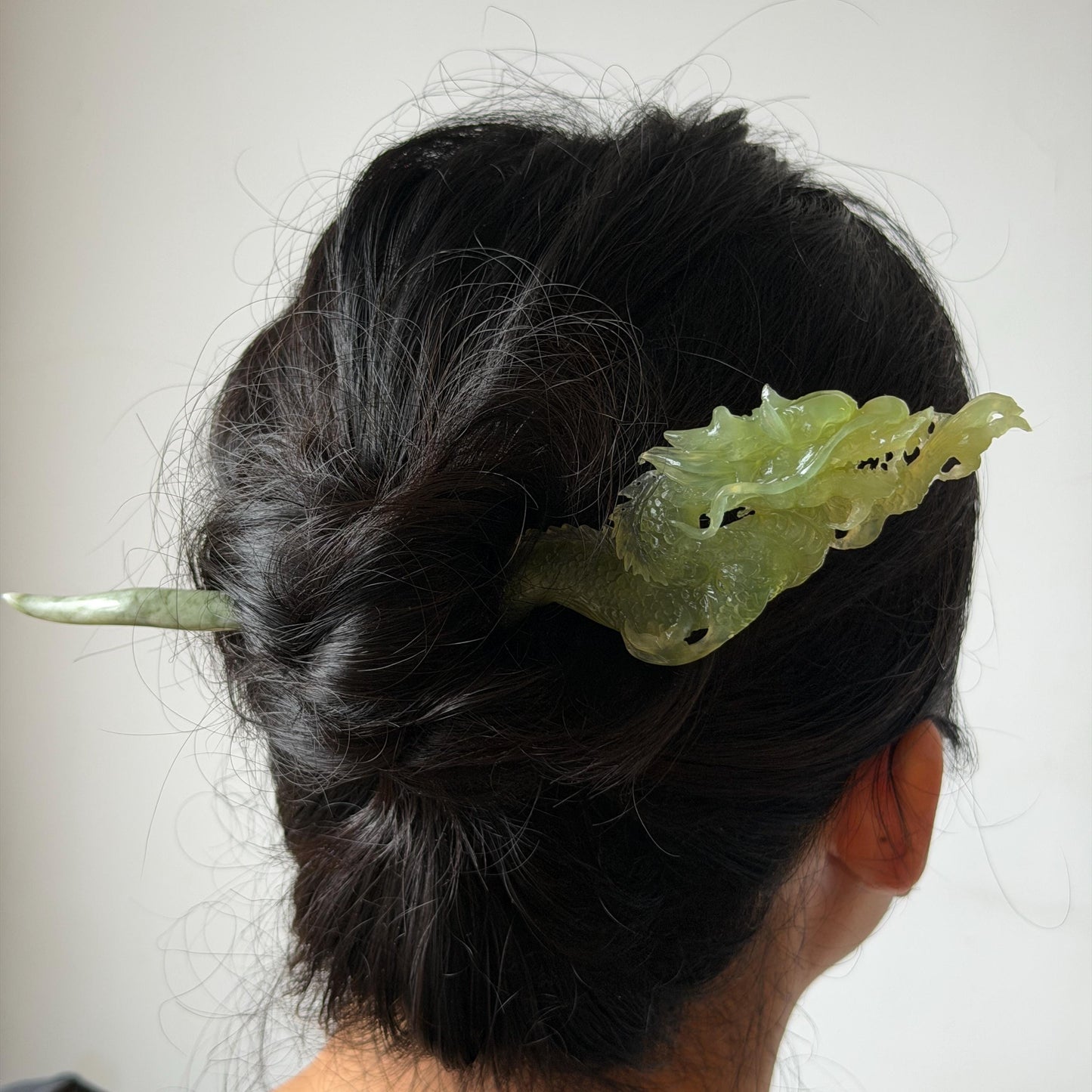 Xiu Jade Green Dragon Hand Carved Hair Pin: Certified Natural Serpentine Ice Green Jade Handcrafted Hanfu Hair Stick 3D Stone Carving Hair Stick Asian Vintage Hair Fork Gift for her japanese hairpin korean hair stick hanfu hair fork vintage hair comb antique hair pins dragon carving hand engraved dragon green jade white jade carving hand carved dragon carving green dragon wedding headpiece bridal hair jewelry engagement hair accessory antique hair fork wedding headpiece hollow out relief carving