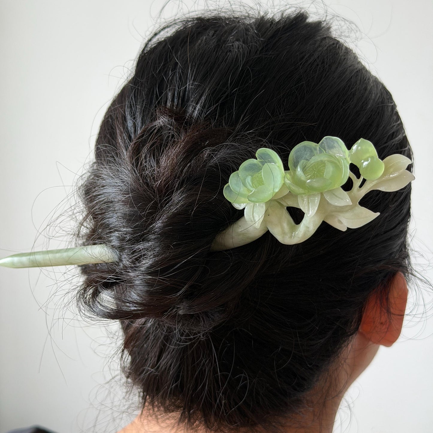 Xiu Jade Peach Blossom Flower Hand Carved Hair Pin: Certificate Natural Serpentine White Green Jade Handcrafted Hanfu Hair Stick Gift for her Bridal Shower gift bridal hair clip wedding headpiece wedding hair jewelry bridal hair accessories green jade carving white jade hand engraved flower hair stick japanese hairpins korean hair stick chinese hair comb vintage hair pins antique hair fork hanfu hair pins certified untreated jade 3D stone carving hair claws hair crown
