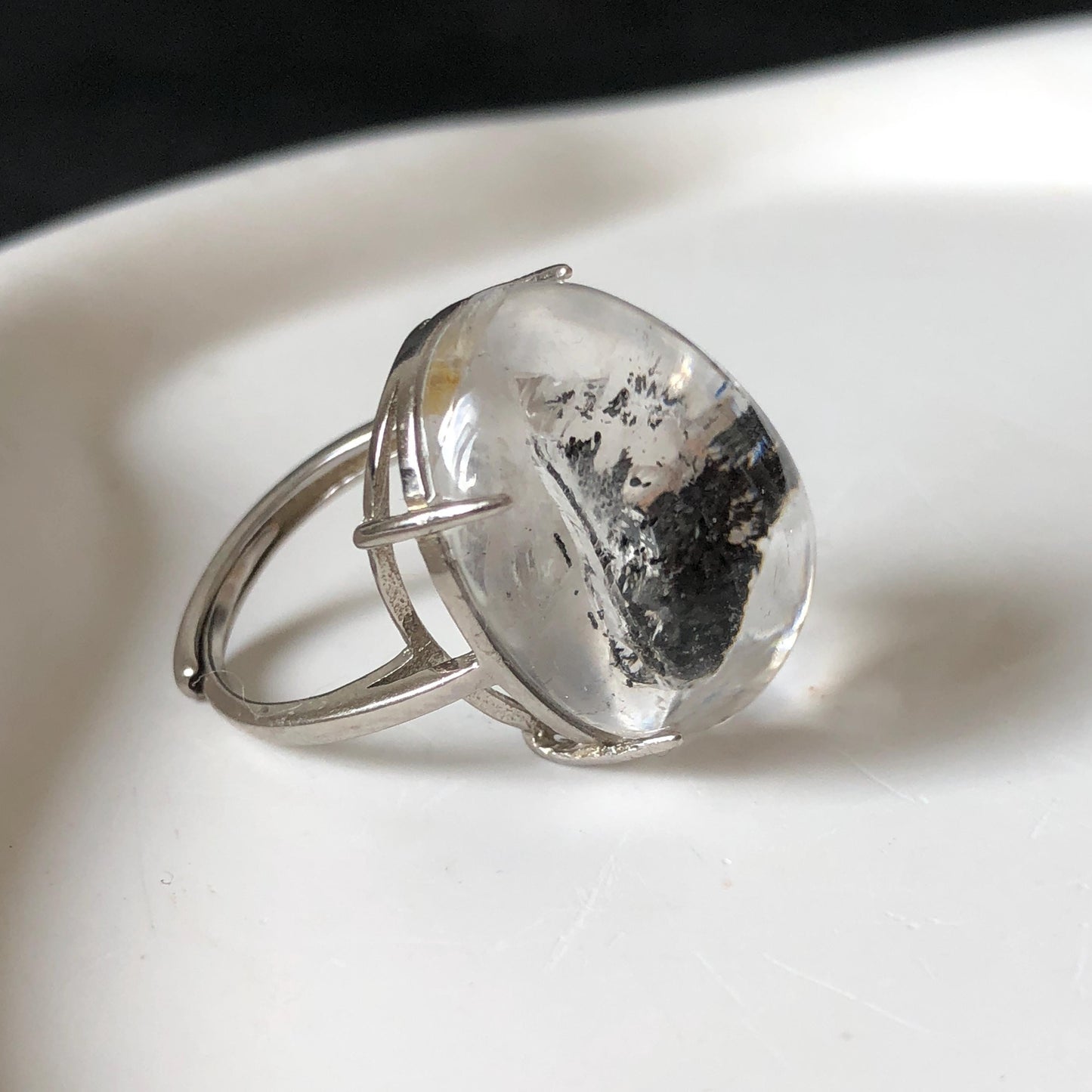 Polished Enhydro Quartz (Herkimer Diamond) S925 Silver Adjustable Ring: Moving Black Mica Sand and Bubble Inclusion in Triangle Chamber | Crystal Statement Ring for Women ring crystal band ring crystal cocktail ring crystal stackable ring 7 chakra crystal ring meditation crystal healing stone birthstone silver ring ring for men rainbow quartz inclusion quartz inclusion crystal minerals specimen silver ring free size ring adjustable ring holder rain quartz quick sand inclusion water inclusion
