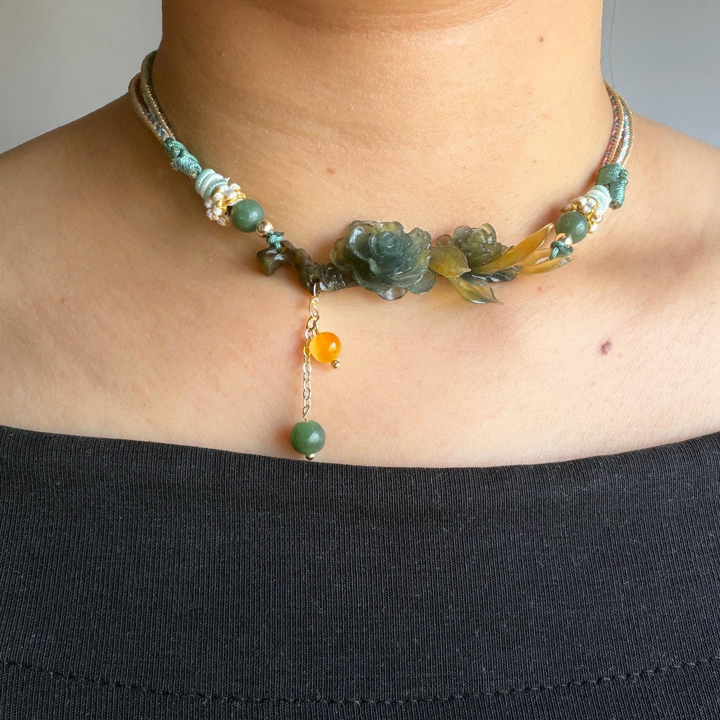 Xiu Jade Gardenia Flower Hand Carved Peony Flower Pendant Adjustable Braided Necklace Choker: Natural Untreated Green & Yellow Serpentine Carving Charm | Asian Vintage Style Stone Crystal Gemstone Jewellery Gift for her, green jade carving yellow jade carving flower carving hand engraved chinese jade pendant necklace vintage necklace antique necklace natural untreated jade modern necklace bird carving braided necklace dangle