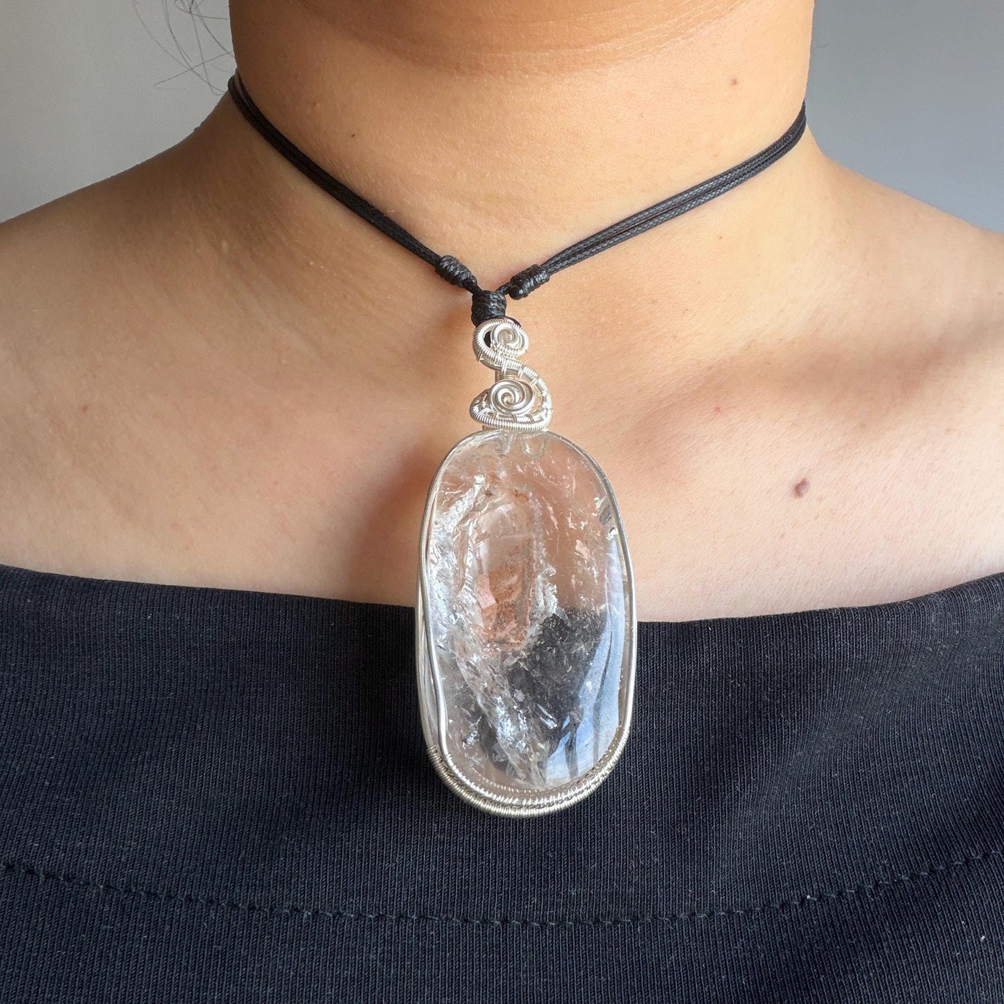 Rare Found! Enhydro Quartz Moving Dried Red Sand: Polished Inclusion Crystal Wrapped Wire Pendant Adjustable Necklace Palm Stone gift for her enhydro quartz sand water-fall pendant necklace choker gemstone charm stone pendant choker polished stone pendant crystal charm birthstone men necklace chakra crystal minerals specimen silver wire wrapped pendant inclusion crystal inclusion crystal sediment stone dirt inclusion quick sand inclusion chakra stone meditation crystal birthstone necklce