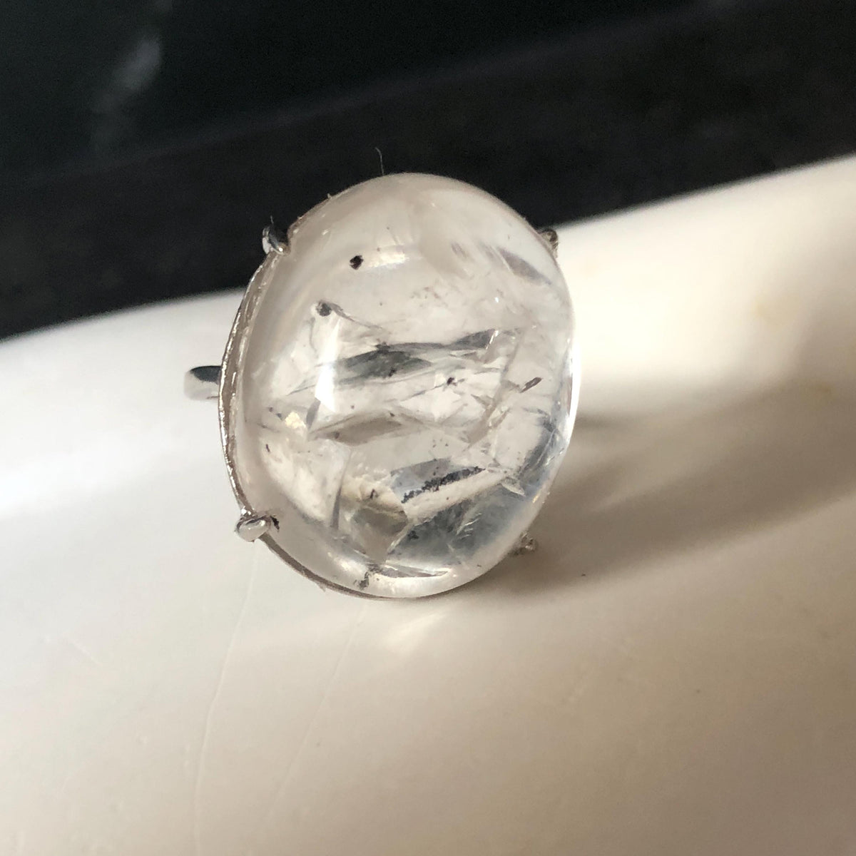 Enhydro Quartz (Herkimer Diamond) S925 Silver Adjustable Ring: Flowing Shimmering Black Sand & Shifting Bubble Inclusion Polished Crystal Statement Ring for Women crystal band ring cocktail ring stackable ring 7 chakra meditation crystal healing stone birthstone silver ring ring for men rainbow quartz minerals specimen inclusion quartz quick sand inclusion fluid inclusion water inclusion cocktail ring stackable ring enhydro crystal ring men statement ring untreated crystal