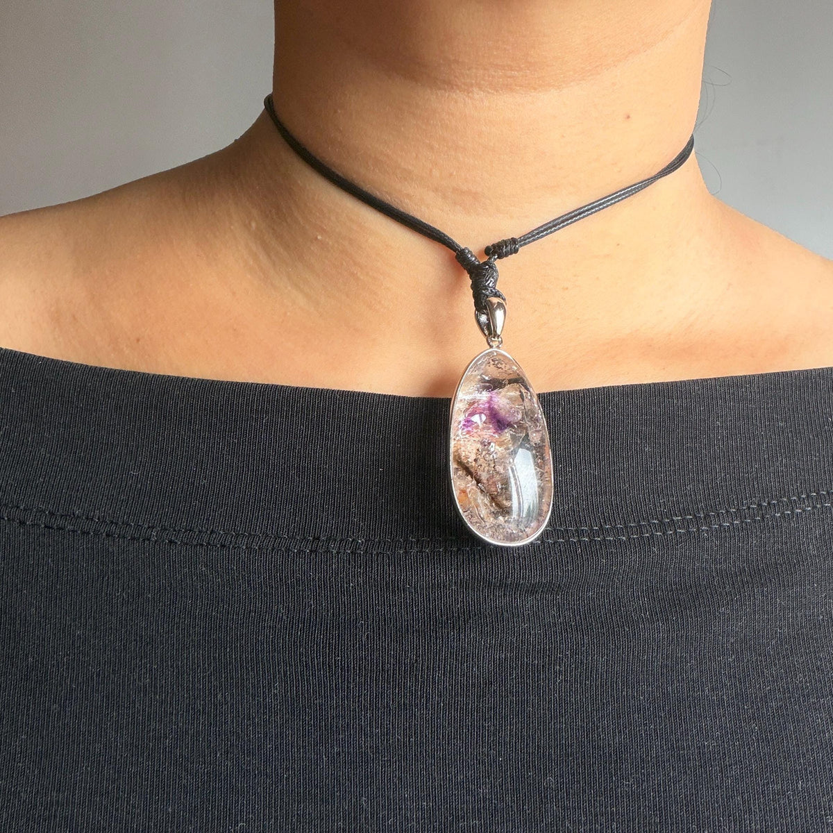 Rare Found! Polished Enhydro Quartz Super Seven Flowing Sand & with shifting bubble Inclusion Crystal Cabochon Pendant Necklace | Natural Gemstone Birthstone Gift for her quicksand enhydro quartz sand water-fall choker gemstone charm polished stone pendant birthstone men necklace chakra crystal minerals specimen sterling silver wire wrapped pendant inclusion quartz sand inclusion rainbow quartz bubble inclusion cabochon inclusion crystal palm stone for meditation melody stone