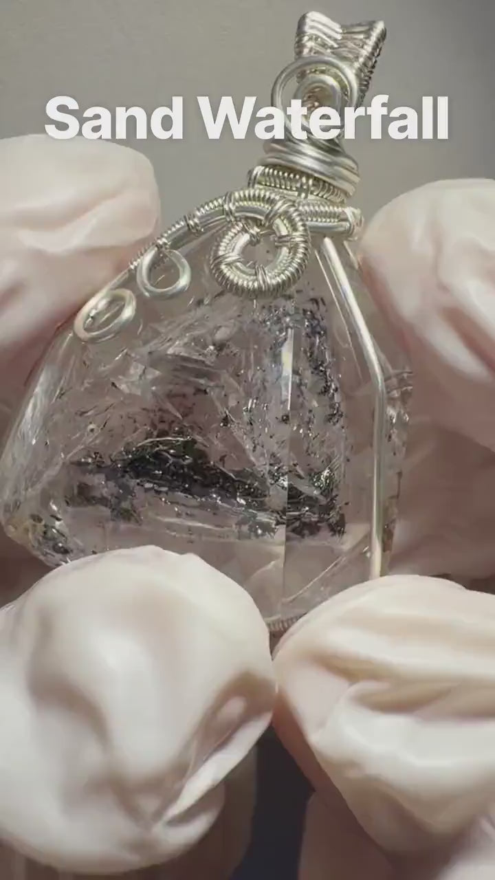 Polished Enhydro Quartz (Herkimer Diamond) Wrapped Pendant Adjustable Necklace: Sand Waterfall! Moving Sand & Clear Bubble Inclusion Crystal