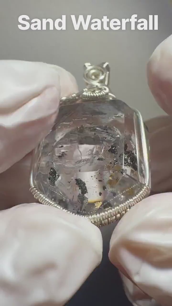 Polished Enhydro Quartz (Herkimer Diamond) Wrapped Pendant Adjustable Necklace: Sand Waterfall! Moving Sand & Black Bubble Inclusion Crystal
