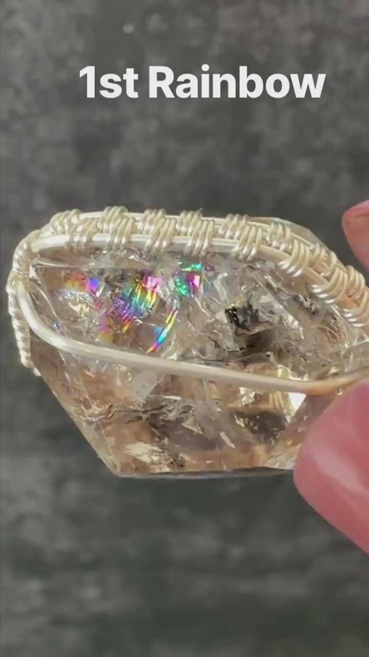 Rare Polished Smoky Enhydro Quartz (Herkimer Diamond) Wire Wrapped Pendant Adjustable Necklace: Rainbow! Moving Sand Charm
