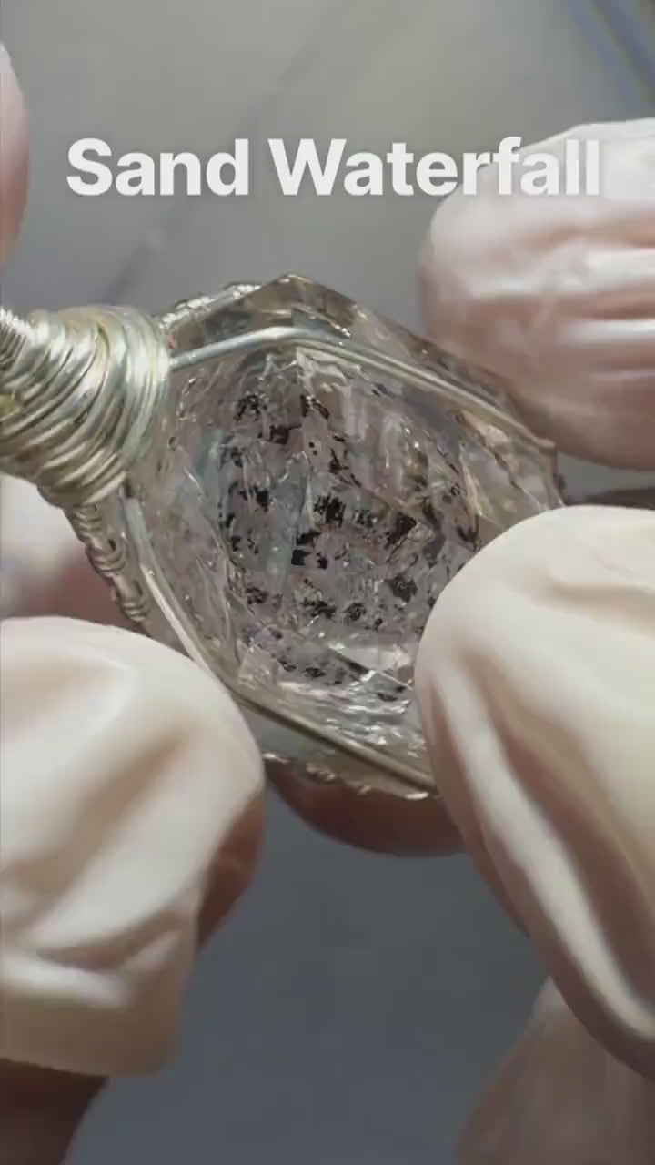 Enhydro Quartz (Herkimer Diamond) Wrapped Wire Pendant Adjustable Necklace:  Moving Sand Waterfall! Rare Polished Crystal Charm
