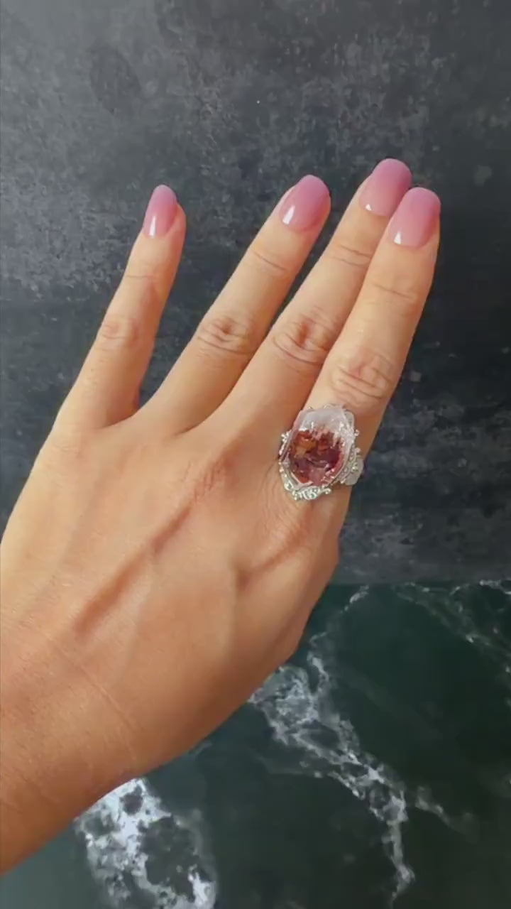 Polished Petroleum Enhydro Quartz S925 Silver Adjustable Statement Ring: Moving Bubble in Golden Red Petroleum Oil Inclusion