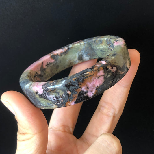 57mm Natural Rhodonite Stone Bangle | Pink & Deep Green with Splashing Black Ink | Cool & Wild