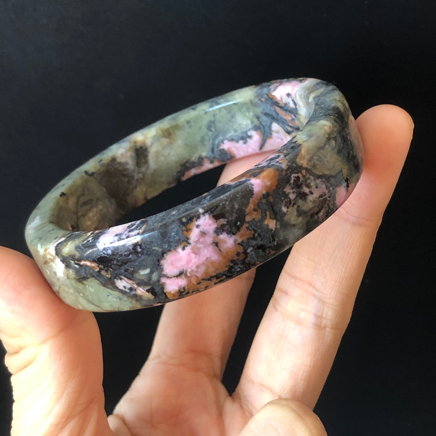 57mm Natural Rhodonite Stone Bangle | Pink & Deep Green with Splashing Black Ink | Cool & Wild