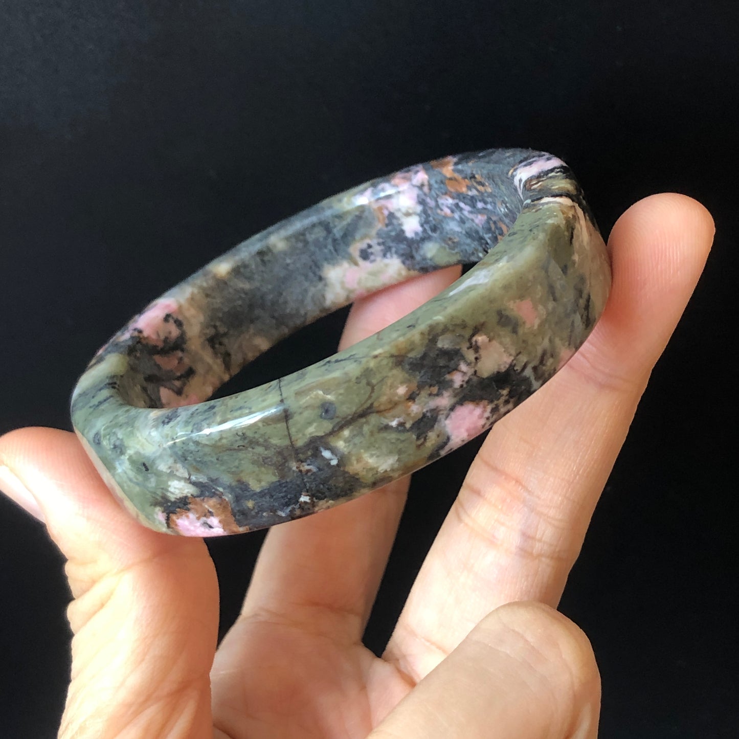 57mm Natural Rhodonite Stone Bangle | Pink & Deep Green with Splashing Black Ink | Cool & Wild