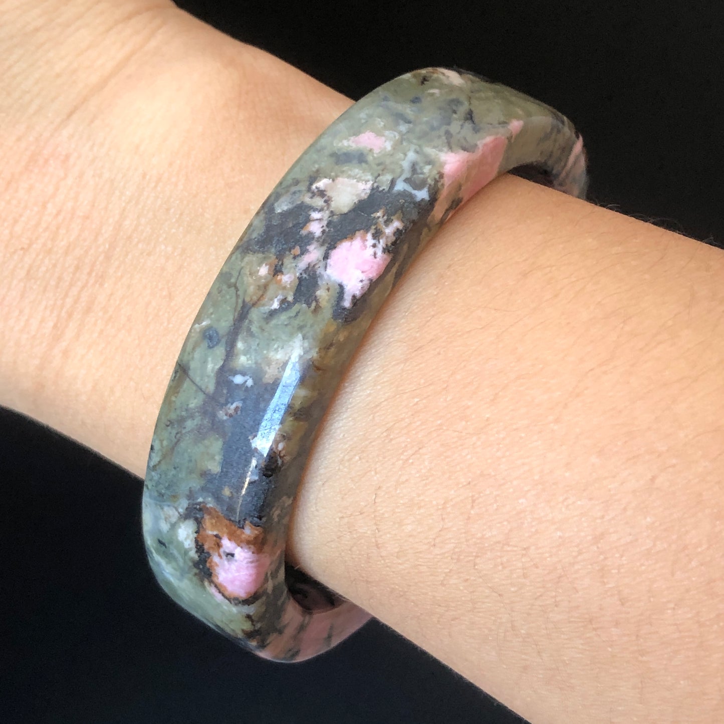 57mm Natural Rhodonite Stone Bangle | Pink & Deep Green with Splashing Black Ink | Cool & Wild