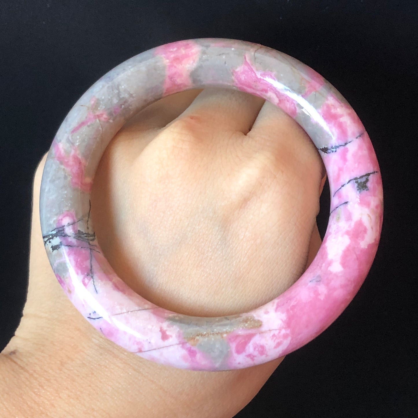 57.7mm Natural Rhodonite Stone Bangle | Rosy Pink, Blue, Black | Strawberry & Blueberry Milkshake