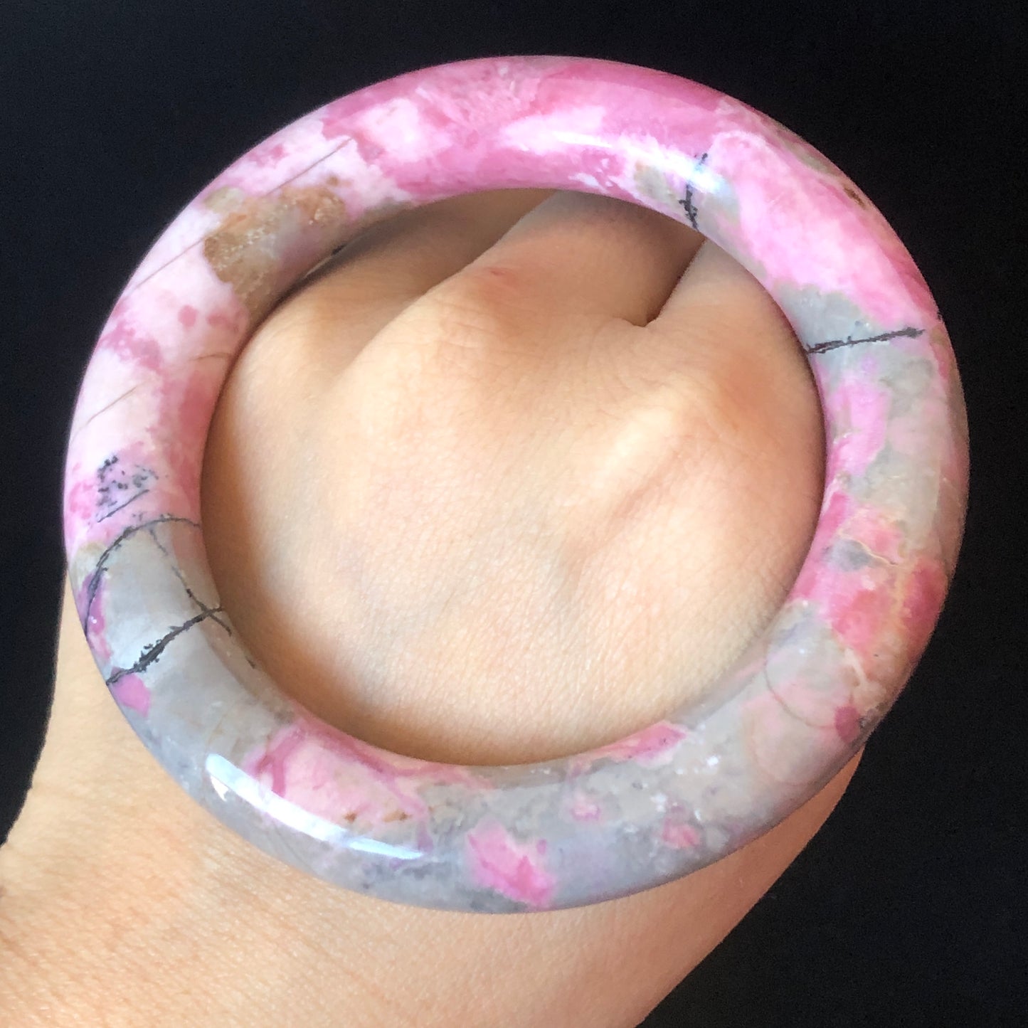 57.7mm Natural Rhodonite Stone Bangle | Rosy Pink, Blue, Black | Strawberry & Blueberry Milkshake