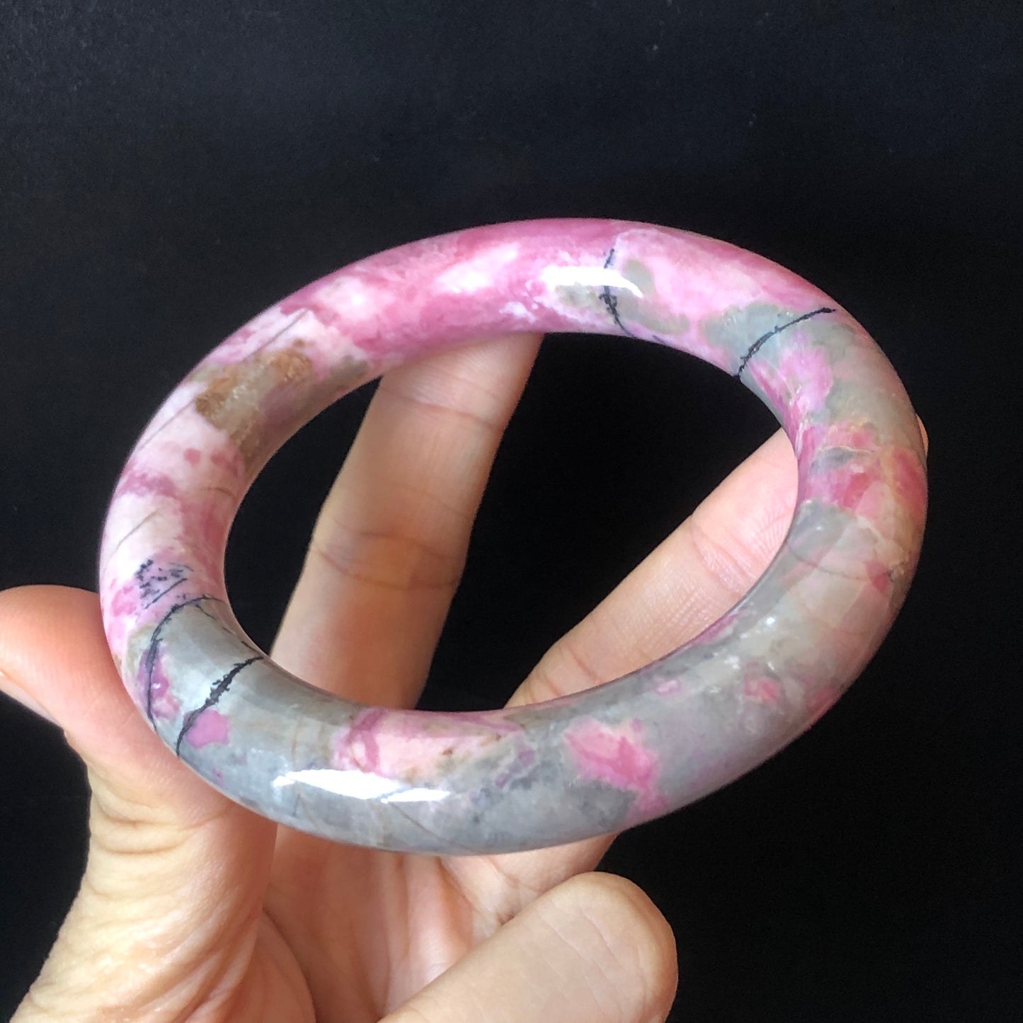 57.7mm Natural Rhodonite Stone Bangle | Rosy Pink, Blue, Black | Strawberry & Blueberry Milkshake