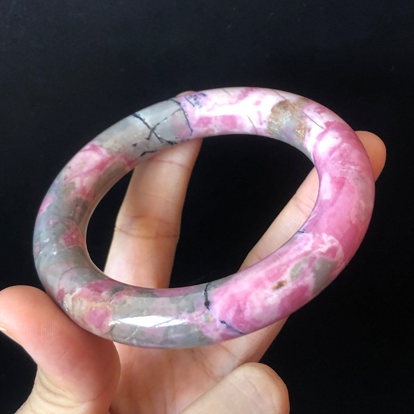 57.7mm Natural Rhodonite Stone Bangle | Rosy Pink, Blue, Black | Strawberry & Blueberry Milkshake