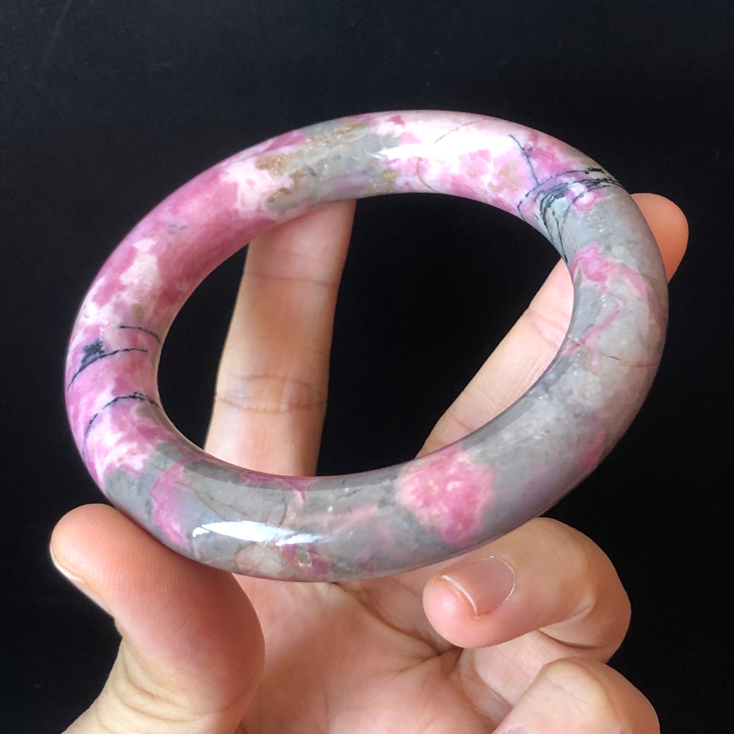 57.7mm Natural Rhodonite Stone Bangle | Rosy Pink, Blue, Black | Strawberry & Blueberry Milkshake