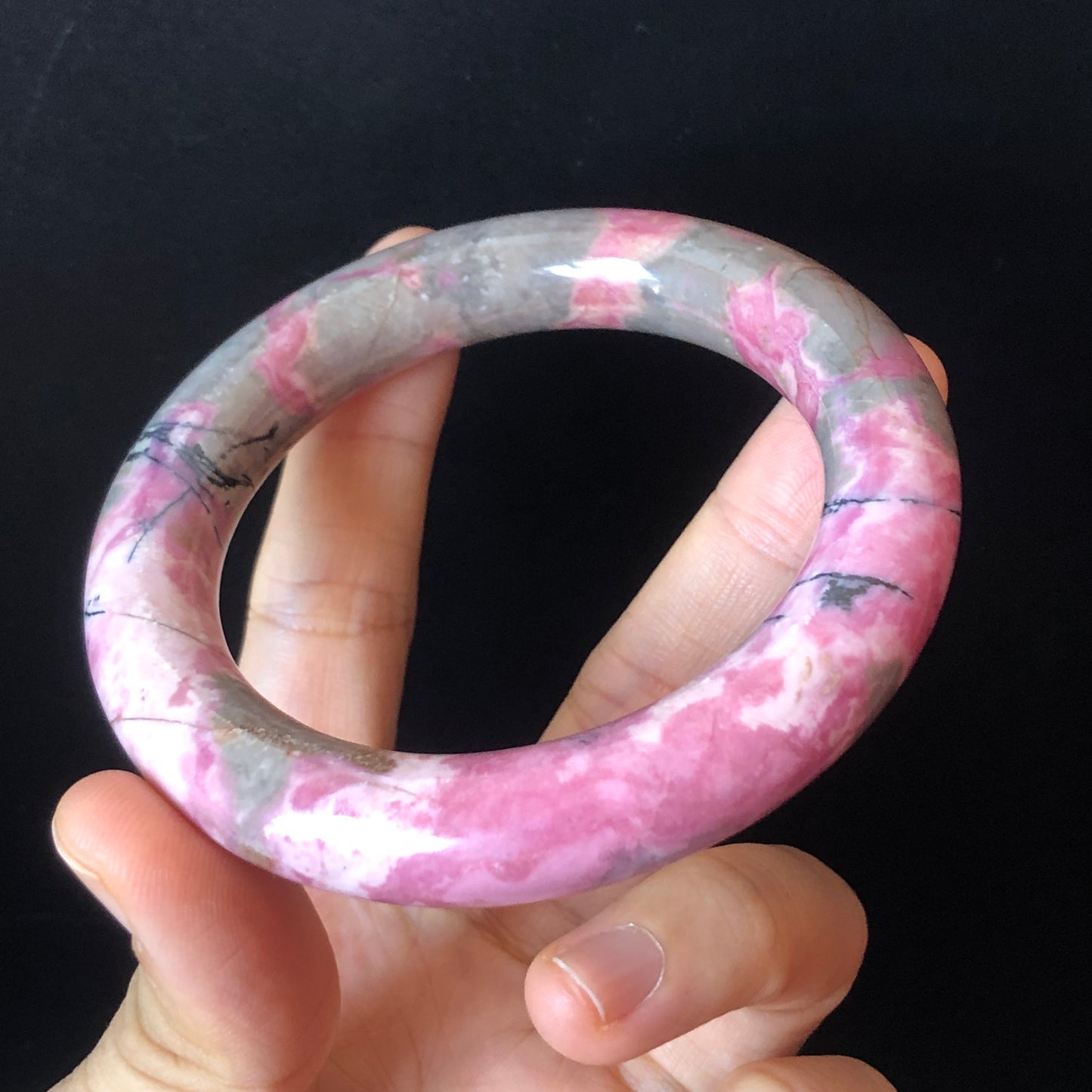 57.7mm Natural Rhodonite Stone Bangle | Rosy Pink, Blue, Black | Strawberry & Blueberry Milkshake