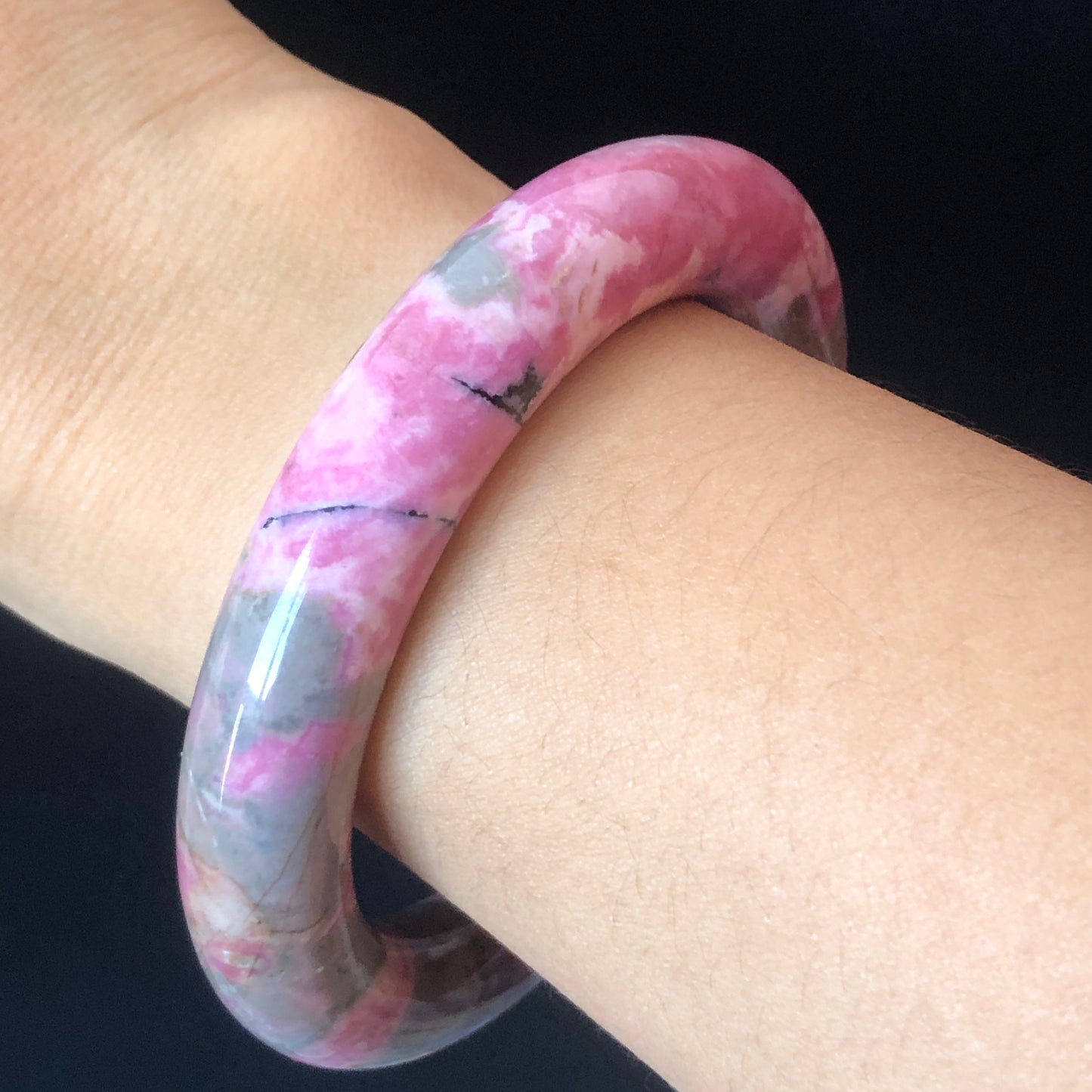 57.7mm Natural Rhodonite Stone Bangle | Rosy Pink, Blue, Black | Strawberry & Blueberry Milkshake