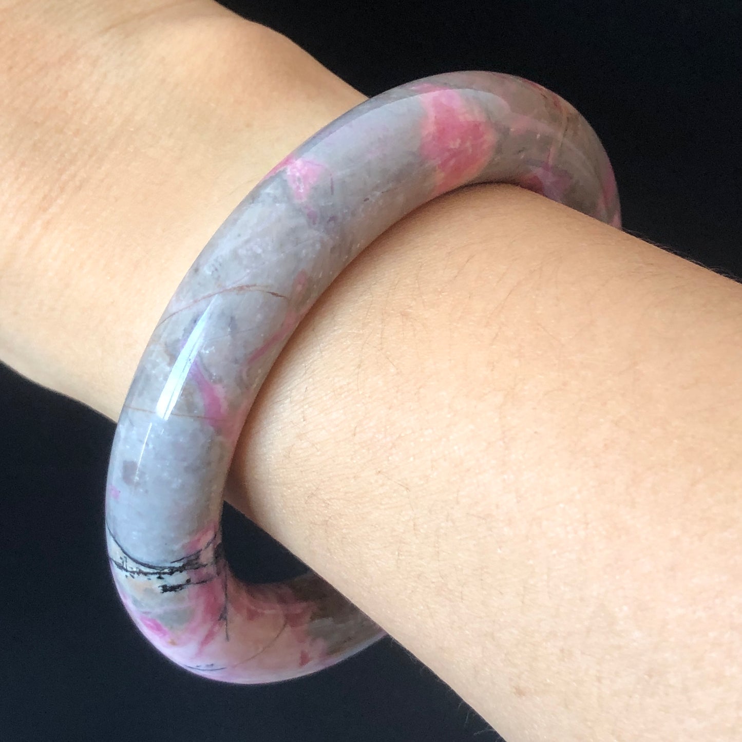 57.7mm Natural Rhodonite Stone Bangle | Rosy Pink, Blue, Black | Strawberry & Blueberry Milkshake