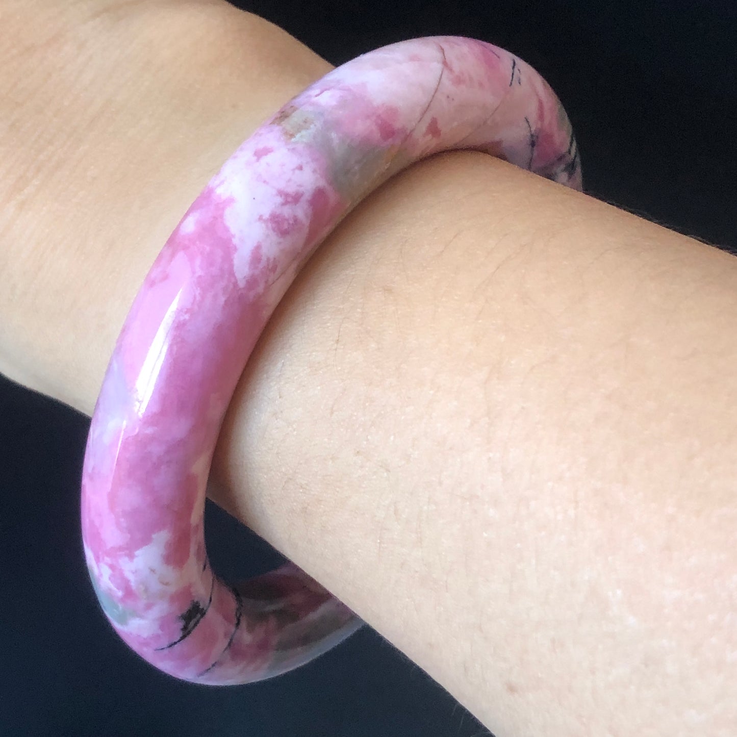 57.7mm Natural Rhodonite Stone Bangle | Rosy Pink, Blue, Black | Strawberry & Blueberry Milkshake