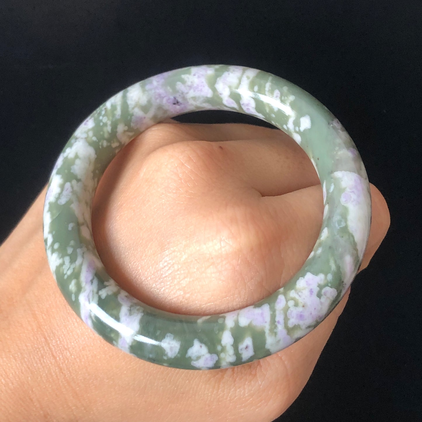 52.7mm Natural Hetian Jade Bangle Nephrite Stone Bracelet | Green Jade with White & Purple Flower | Wisteria Flowers