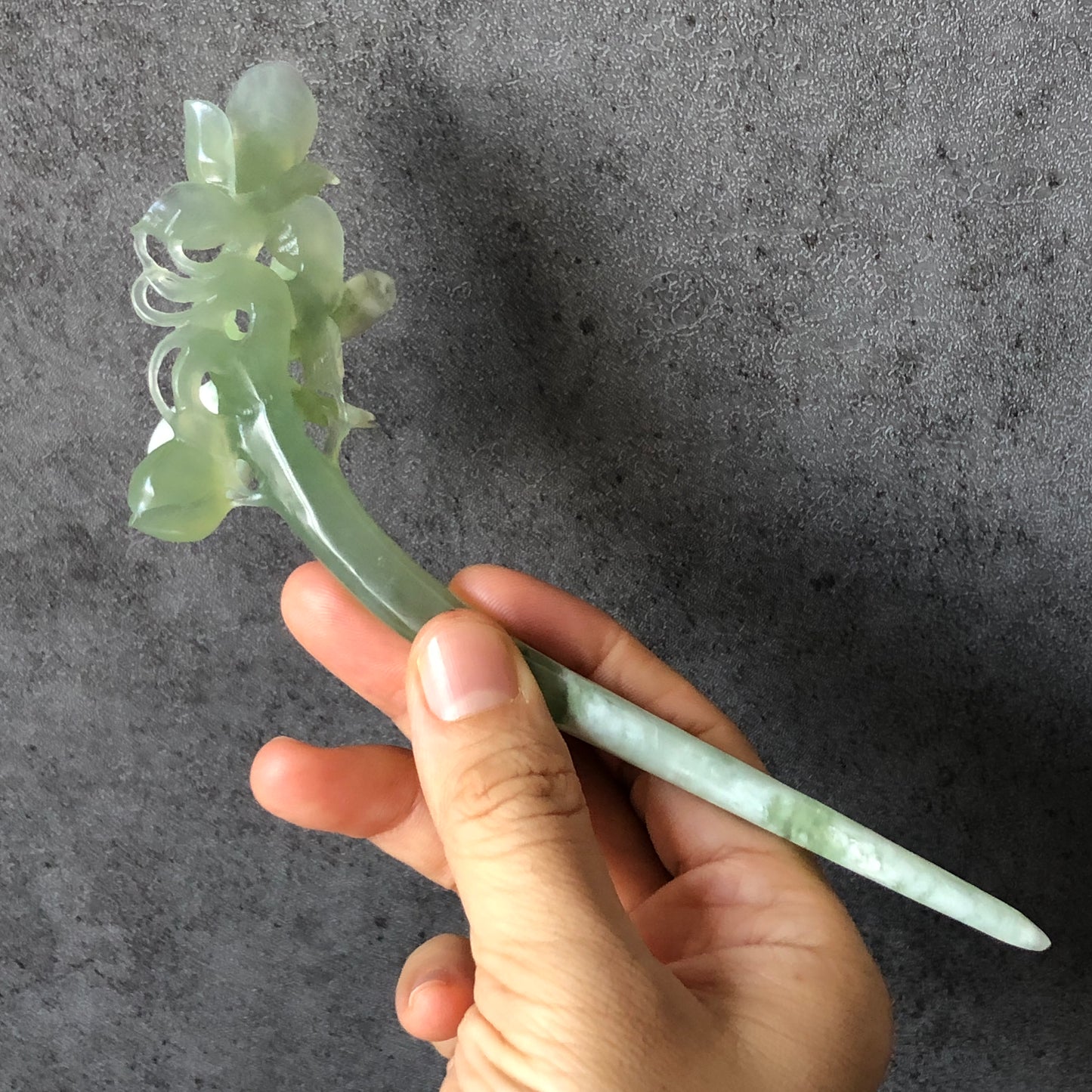 Certified Natural Xiu Jade Hand Carved Hair Pin | Dragonfly on Flower | Green & White