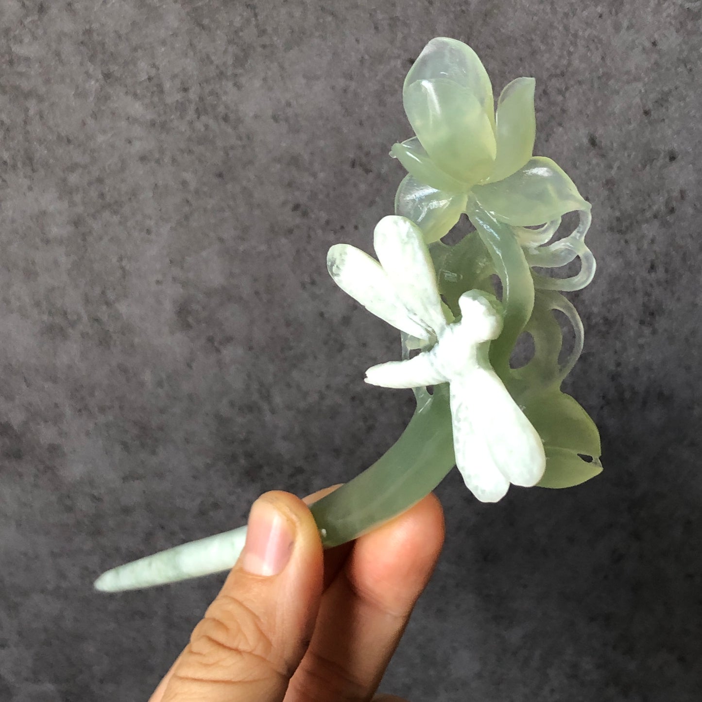 Certified Natural Xiu Jade Hand Carved Hair Pin | Dragonfly on Flower | Green & White